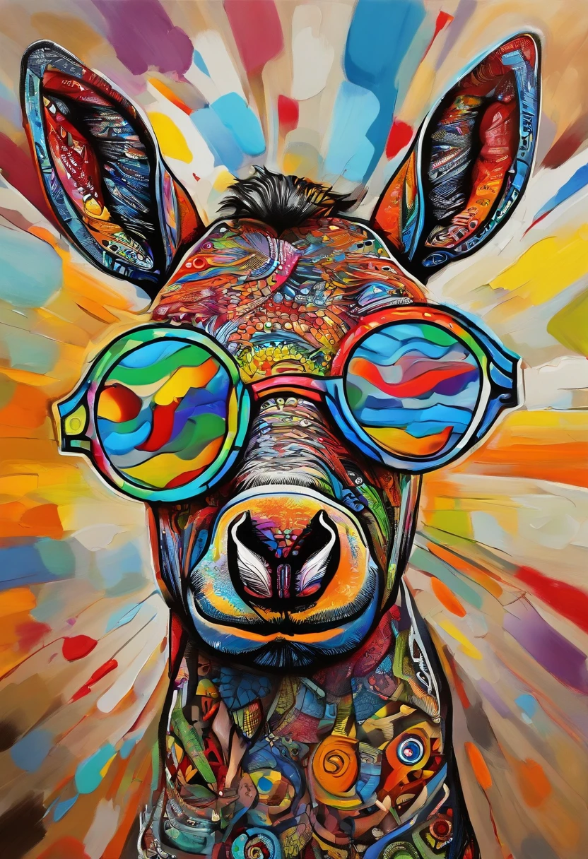 grafismo, diverse and playful geometric figures, Rainbow, romero britto, salvador dali, um burro, A domestic donkey pack animal with sunglasses and DJ headphones and with the thought running through his fingers and the confusion of memory ((fundo branco e preto)), face do asno feliz, as patas enormes do jegue, o focinho, os dentes grandes, o microfone, o fone de ouvido, The sunglasses, contrastes exacerbados, olhos penetrantes, colorida e alegre, Dull and sad, Art Watercolor Painting Oil Paint, abstrato, epic instagram, art-station, toque de estilo splash de tinta colorida+, contorno, hiperdetalhado intricadamente detalhado, genial, detalhes intrincados, tela inicial, cores complementares, conceito realista abstrato romero britto de arte, 8K, obra-prima do deviantart, oil-painting, pinceladas pesadas, pingos de tinta, artes de salpicos.