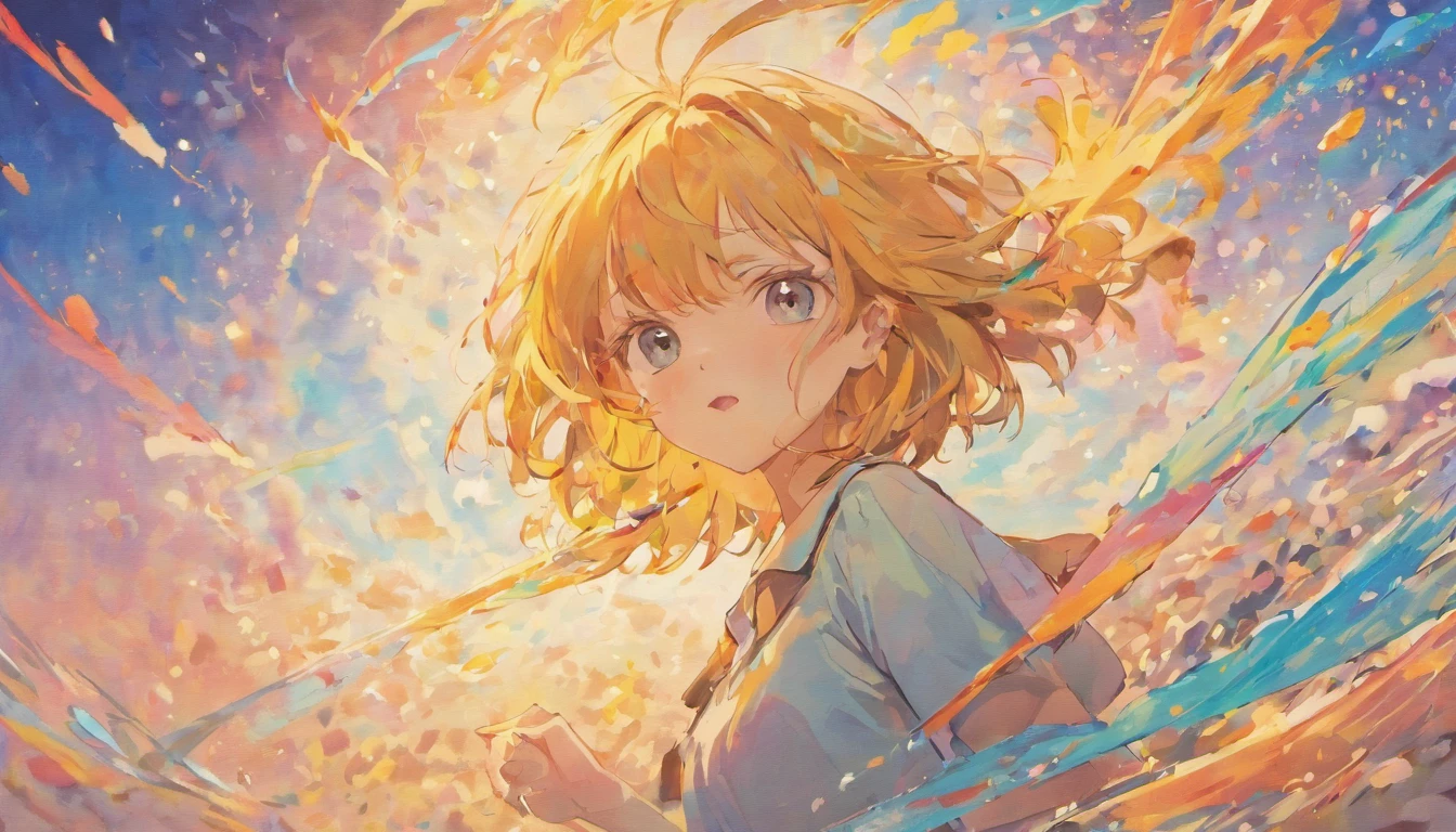 Woman in short-sleeved shirt looking up at the sky、20yr old、Half-long hair flutters in the wind、He wears a cute straw hat on his head.