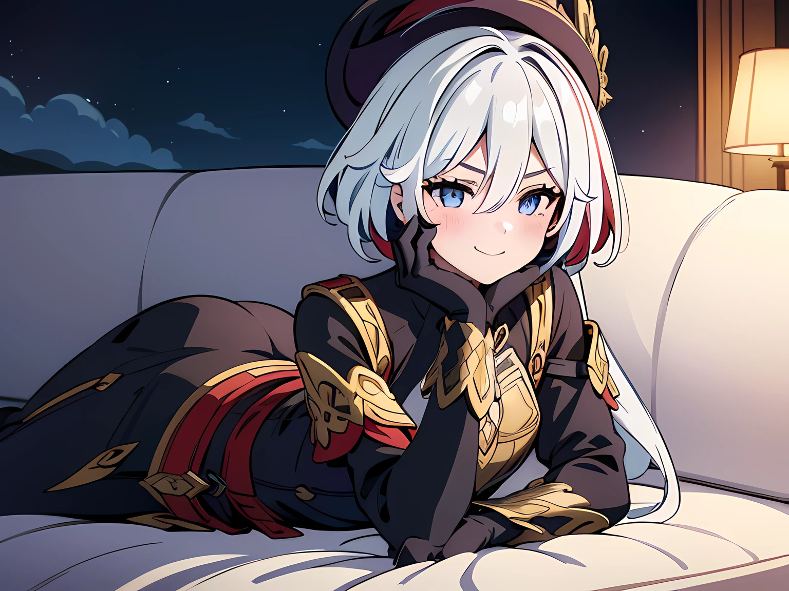 1 girl (wear witch hat), beautiful eyes finely detailed, (two tone hair color (red and white), long hair, tipsy smile, drunken, blush on her face, wearing armor, finely detailed black and white armor, cinematic lighting, intricate filigree metal design, laying her back on sofa, middle ages style bedroom, full body, anime best girl, masterpiece sidelighting, night time, ​masterpiece, top-quality, detailed, High resolution illustration