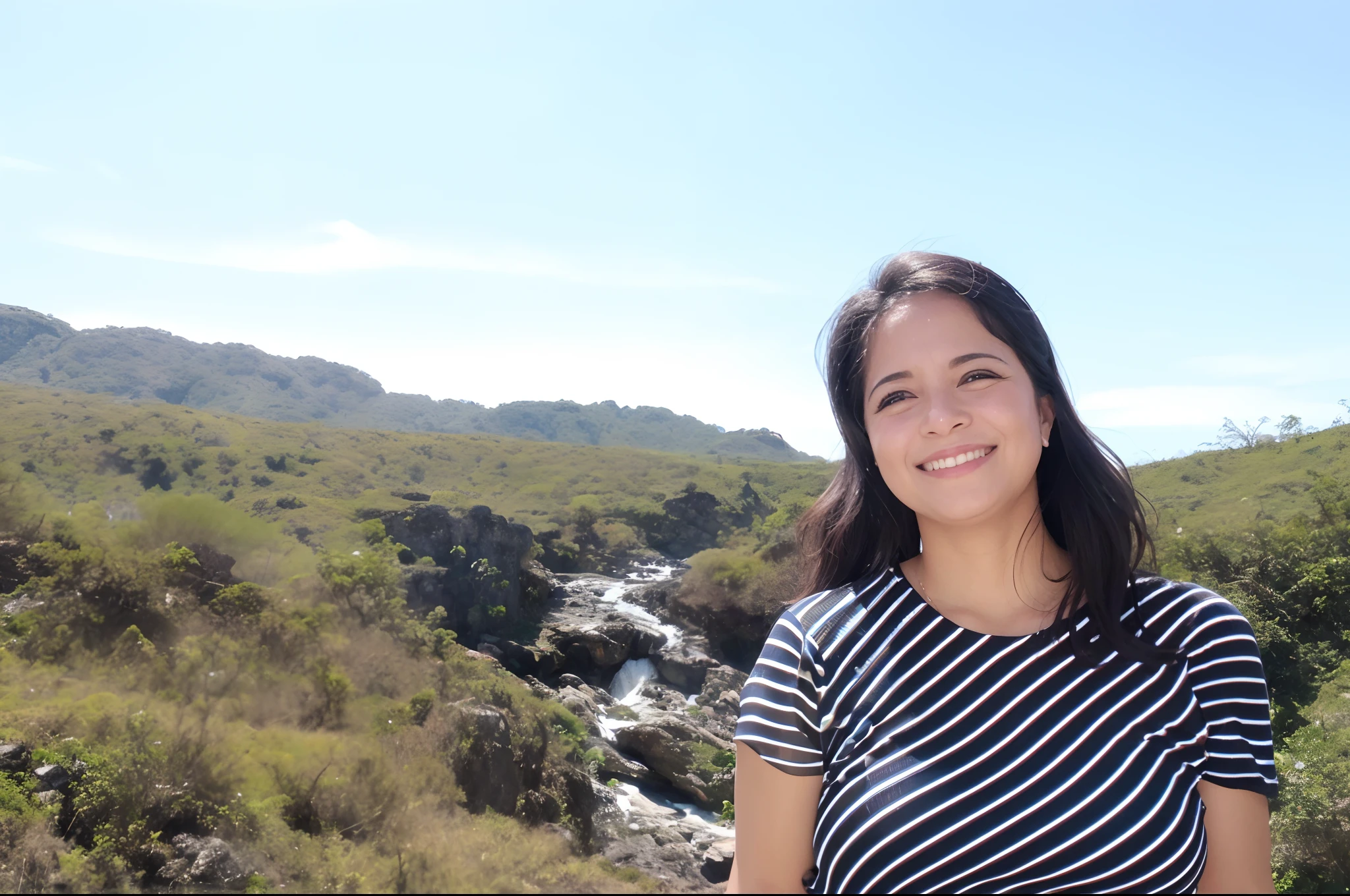 Smiling woman in striped shirt standing in front of a mountain, cachoeiras ao fundo, com montanhas ao fundo, com montanhas no fundo, cachoeira ao fundo, com montanhas como pano de fundo, em frente a uma cachoeira, em frente a um fundo de floresta, standing near a waterfall, Belas vistas, belos arredores, rio ao fundo, Malika Favre