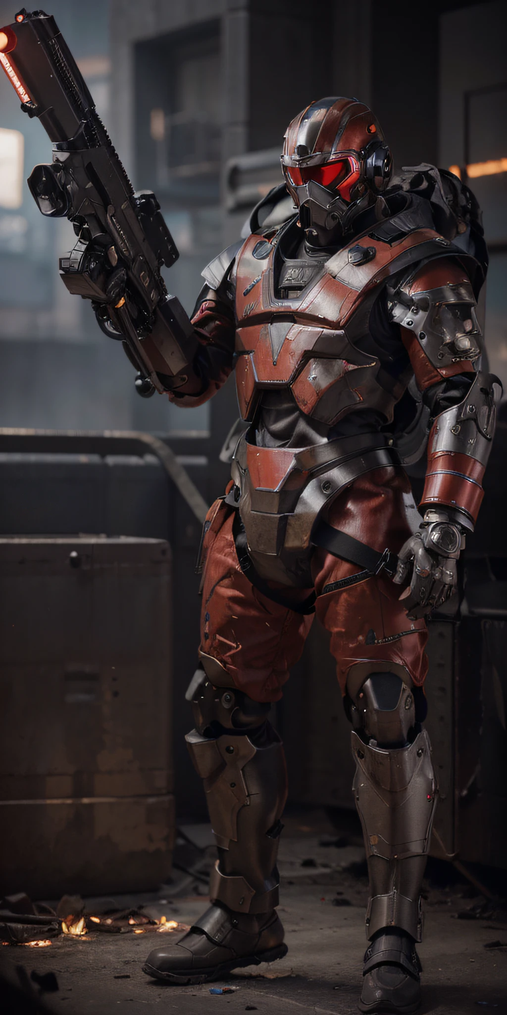 cyborg soldier Soviet Slyle robot, Dieselpunk style robot, Advanced helmet with wide black glass, Matte red metallic armor, Red with matte brown details, Cyborg armor, Tubes and cables, He carries a large laser weapon, he is in a completely destroyed modern city Fire , smoke, debris, 4k, Ultra detailed image, realistic, Highly detailed, perfect composition, gorgeous, Intricately detailed, incredibly detailed, Art photography 8K, hyper detailed, Masterpiece, Ultra detailed, hyper realistic, 4k, Ultra detailed image, realistic, Highly detailed, perfect composition, beautiful, intricately detailed, incredibly detailed, art photography 8k, hyper detailed, masterpiece