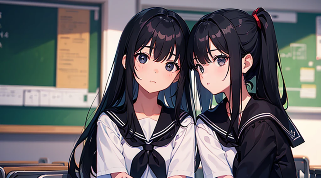 (2girls, black hair, long hair, black eyes, sailor suit), (looking at each other), (evening classroom)