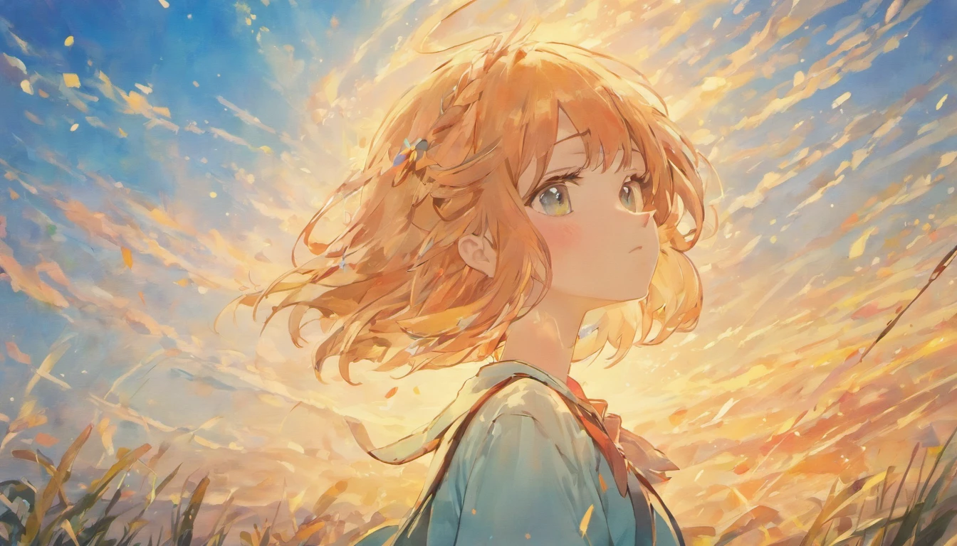 Woman in short-sleeved shirt looking up at the sky、20yr old、Half-long hair flutters in the wind、He wears a cute straw hat on his head.Full body background