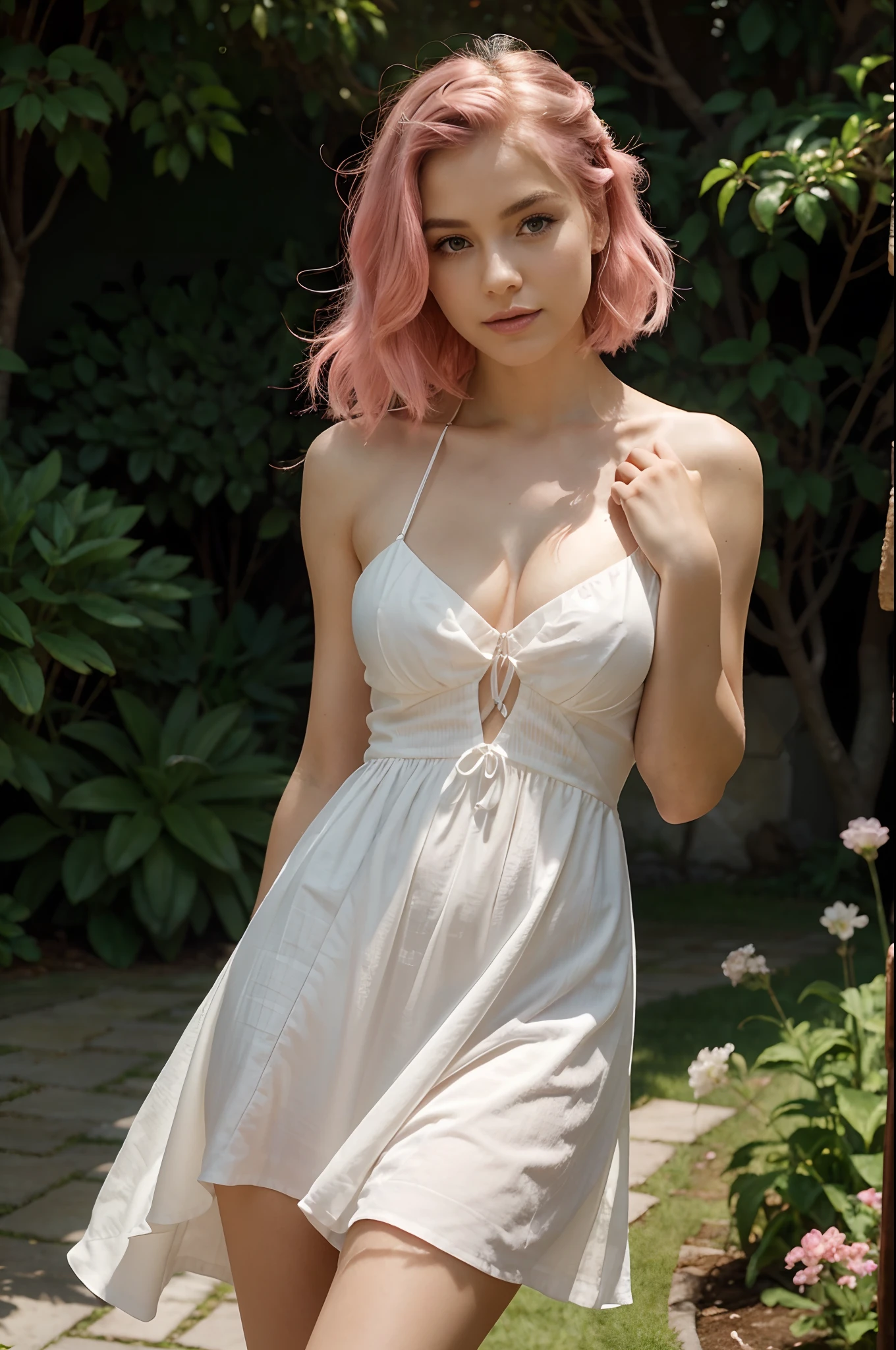 Please create a high-resolution digital image featuring a woman with pink hair styled in an elegant manner that accentuates her uniqueness. She is wearing an A-line dress made of lightweight, flowing fabric with a pink and white checkered pattern. Her makeup is subtle, with lips harmoniously matching her hair color. The model is gracefully positioned, with one hand gently holding the dress's skirt while a gentle breeze lifts it slightly. Soft lighting is provided by a natural source, creating gentle shadows and highlighting the dress's details. The background is a lush garden, adding a touch of nature and serenity to the composition. The camera is positioned to capture the beauty and elegance of the scene. Ensure that all elements of the image convey the beauty, grace, and fashion of the model.
