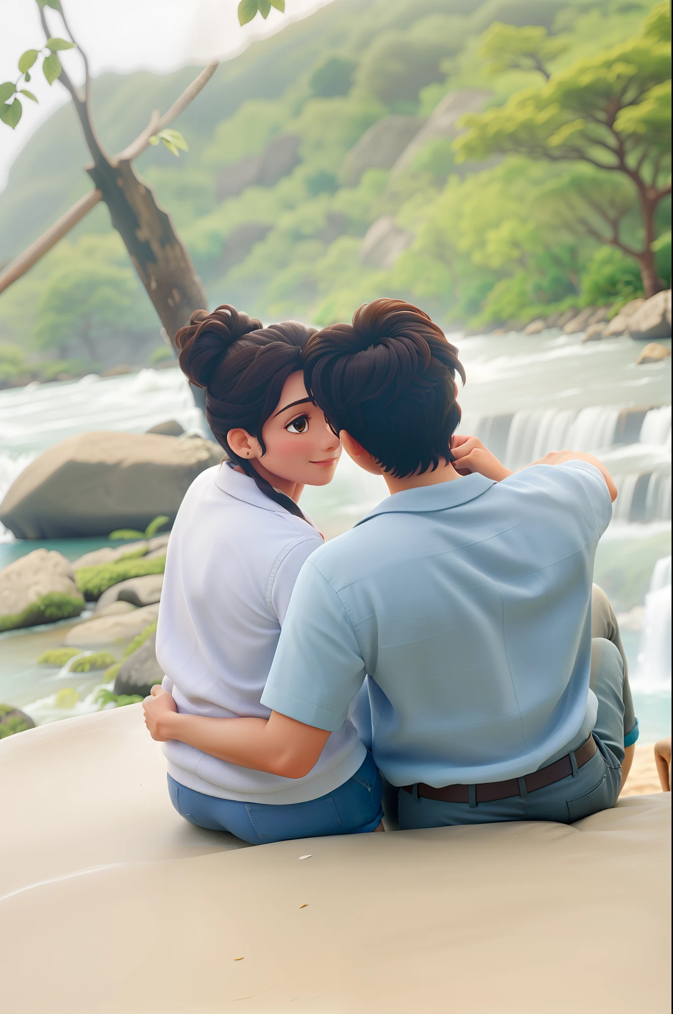 Um casal apaixonado em uma cachoeira