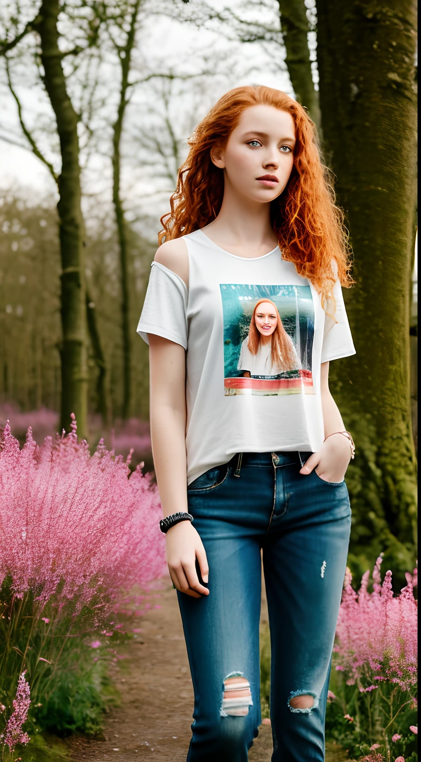 1girl in, age13, Solo, Aesthetic artwork, irish redhead, wavy ginger hair, shoulder length ginger hair, some small freckles, pale skin, small breasts, runners body, fullbody shot, imperfect skin, goosebumps, ripped jeans, colorful t-shirt, bracelets, beautiful nature location, around flower location, (extremely detailed 8k wallpaper), soft lighting, high quality, film grain, Fujifilm XT3 sharp focus, f 5.6, 50mm, High Detail, Sharp focus,(natural light), (seductive), Realistic, ultra realistic, photo realistic, crazy details, complex details, hyper detailed,