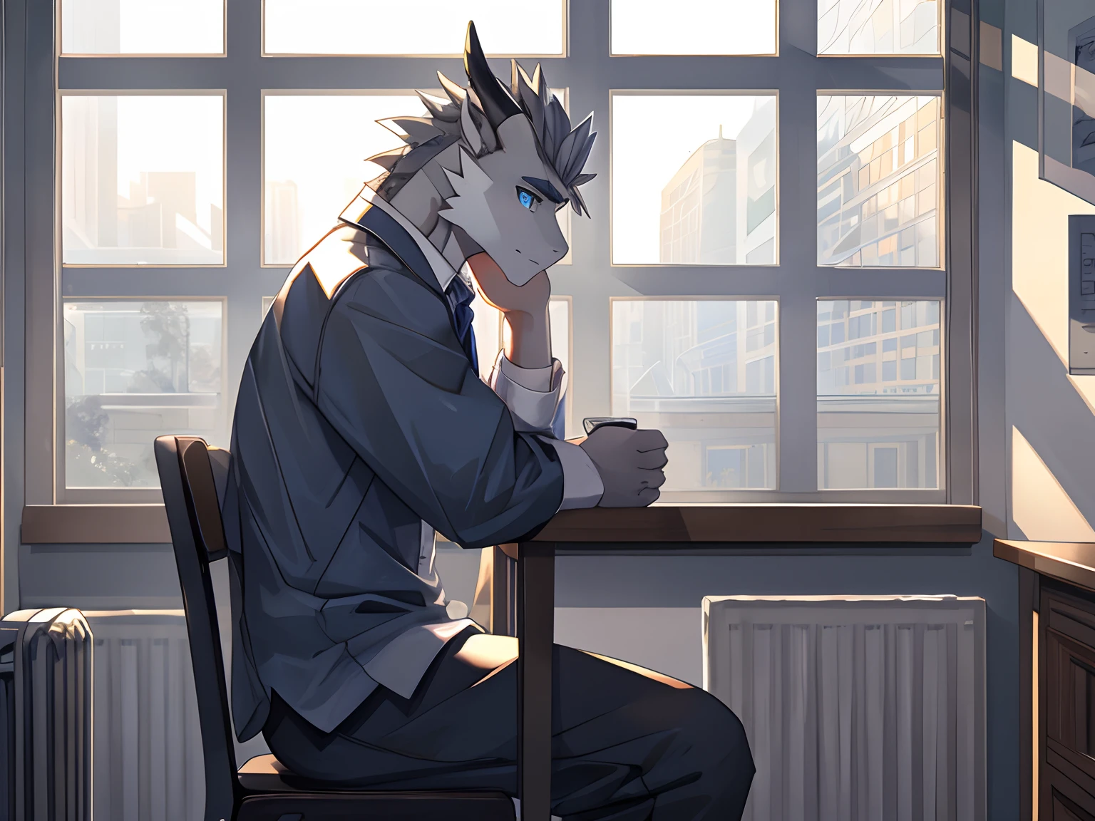 Masterpiece, Furry Gray Dragon, Muscular Body, Blue Eyes, Grey Medium Hair, HighSchool Uniform Set, Casual Clothes, Fierce, Good looking, Sad Expression, Sad Vibes, Sitting in Chair, Near Windows, Alone, Morning, Class Background.