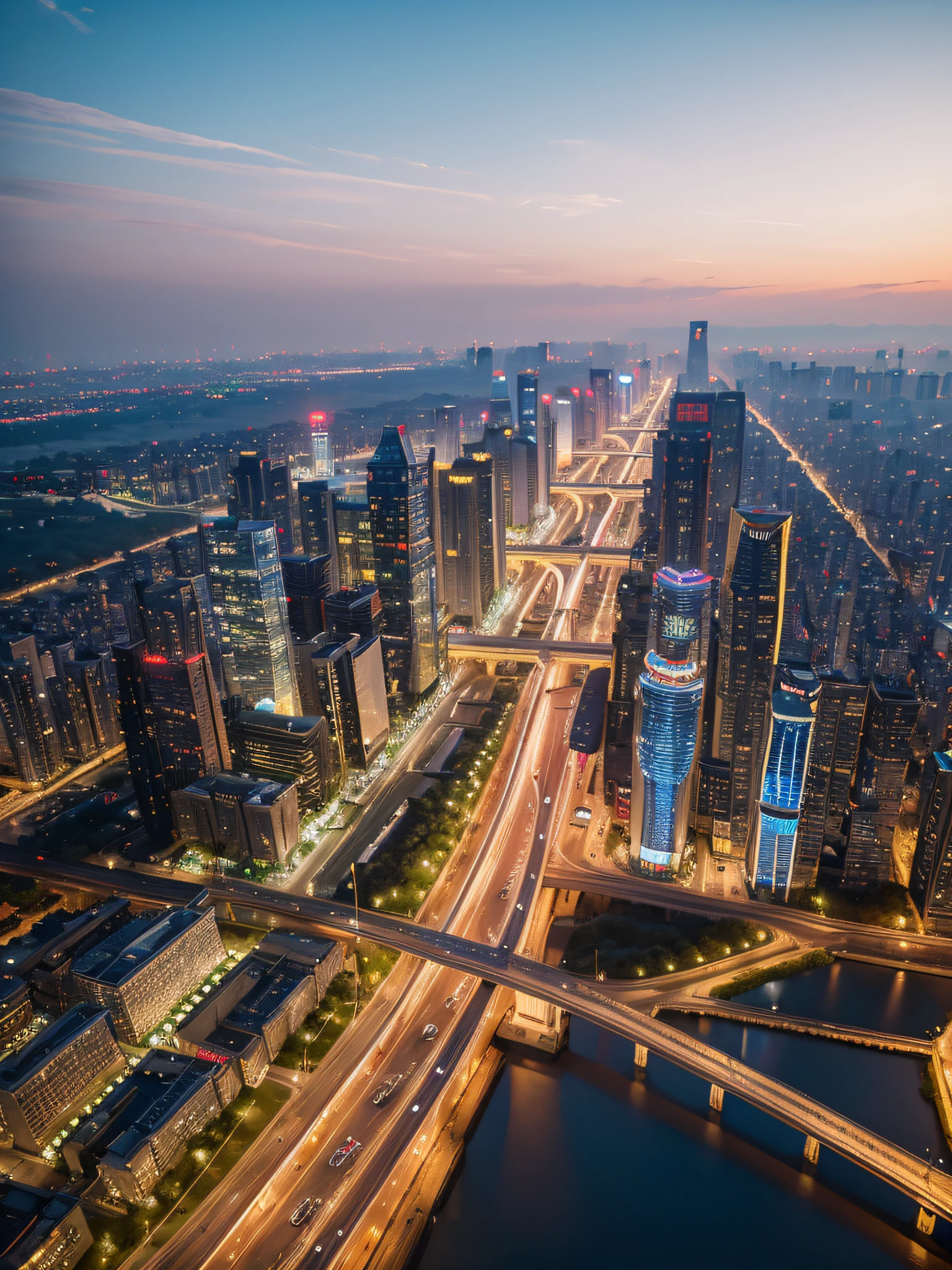 Alaved landscape of city with rivers and bridges, Beijing prime hour, Baotou China, drone view of the city, soaring above the dense city, aerial view of the city, ultra-wide cityscape, aerial view of the city, Beijing, perspective taken from the sky, flying over the city