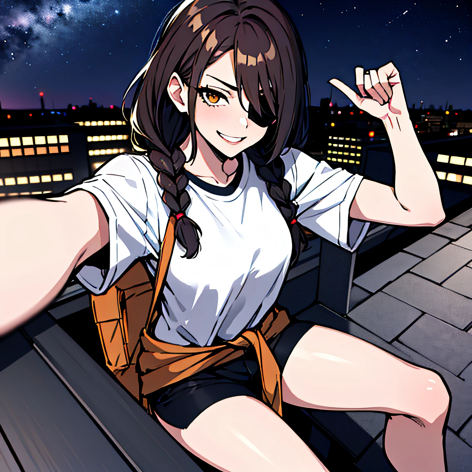 (absurdres, 8k, 4k, masterpiece, hyper extreme detailed:1.2), solo, 1girl, front view, portrait, best quality, expressive eyes, perfect face, 1girl, portrait, solo, standing, Female, toned body, mature female, medium breasts, pale, hair covering one eye, dark brown hair, medium hair, eyepatch, sarcastic, snarky, soldier, adult, hazel eyes, shorts, delinquent, sarcastic, white jacket tied around waist, graphic t-shirt, smirk, crazy eyes, messy hair, swept bangs, half body, perfect anatomy, front view, leaning back, leaning back, night sky background, on a roof top, buildings background, night time, shorts, sitting on roof top, braids, braided hair, gradients in hair, grabbing viewer, hand outstretched,