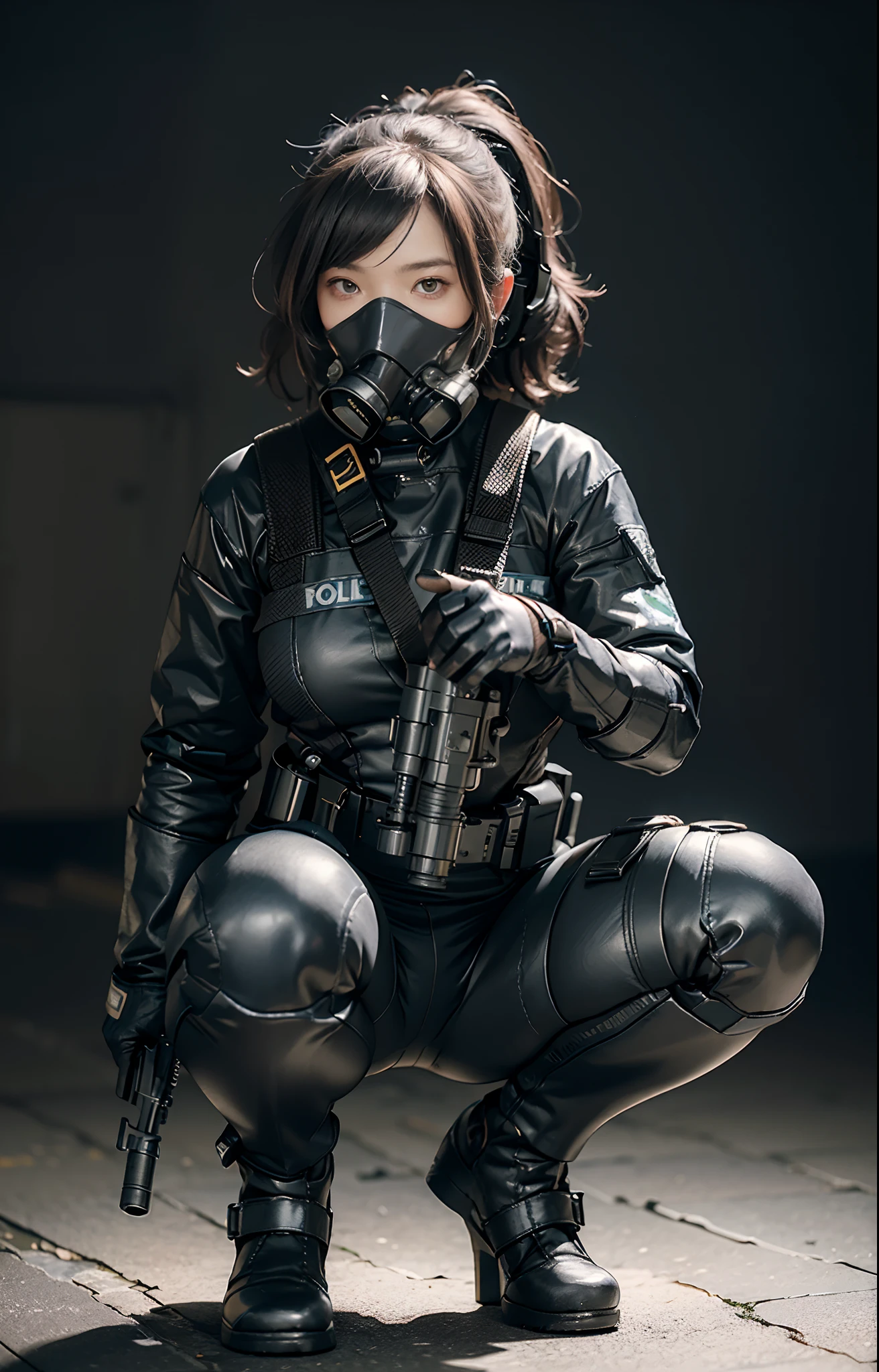 ((best quality, (masterpiece), photorealistic, photorealism, Photorealistic, high resolution)), 1girl full body, aiming with an assault rifle, another girl squatting behind, Combat pose, a bit chubby, (Detailed face), (wearing rash-guard likes police uniform, gloves, black and grey mecha, wearing futuristic-gasmask, military harness, holding a machinegun, carrying hich-tech-launcher), background grey, Fingers are occluded