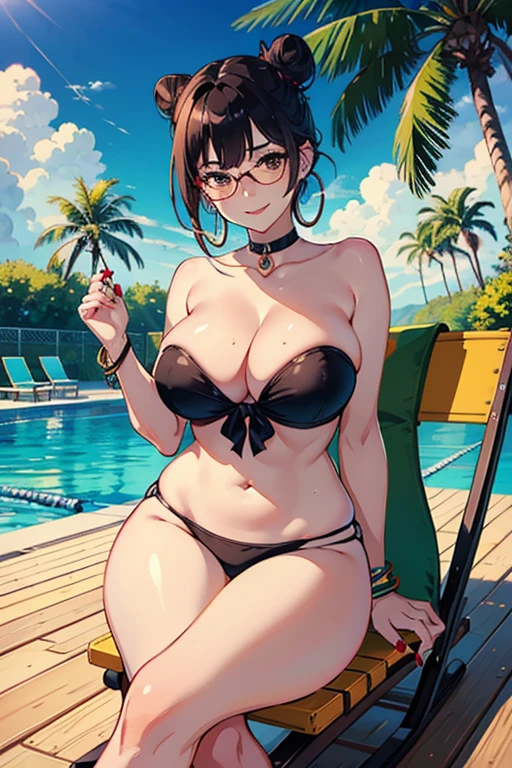 (masterpiece, best quality: 1.2), highres, anime, 1girl, mature female, solo, 22 years old, looking at viewer, cowboy shot, sitting, on deck chair, smile, blush, closed mouth, shiny skin, black hair, single hair bun, sidelocks, bangs, brown eyes, expressive eyes, glasses, round glasses, nose, red lips, jewelry, hoop earrings, beautiful neck, curvy, red nails, nail polish, large breasts, cleavage, bikini, two-tone bikini, strapless bikini, thick thighs, wide hips, outdoors, waterpark, water, tree, water slide, waterfall, pool, poolside, palm leaf, palm tree, deck chair, alligator statue