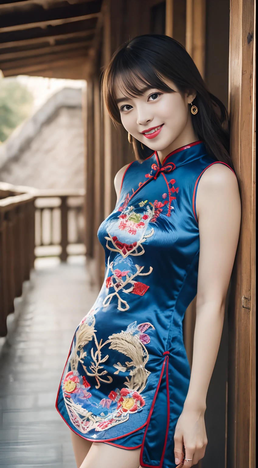 Very detailed CG Unity 8k wallpaper,(杰作),(best qualitiy),(Ultra detailded),(ultra realistis),(Best character details:1.36),Nikon D750 f / 1.4 55mm,dynamic angle,professionallighting,photon maping,radiosity, phisically-based render, al fresco,, looking at the spectator, get blush, 1girls, Mature female, The , Tall body, the golden ratio,on cheongsam,chinese style,ancient buildings,Perfect body ratio,a whole body,