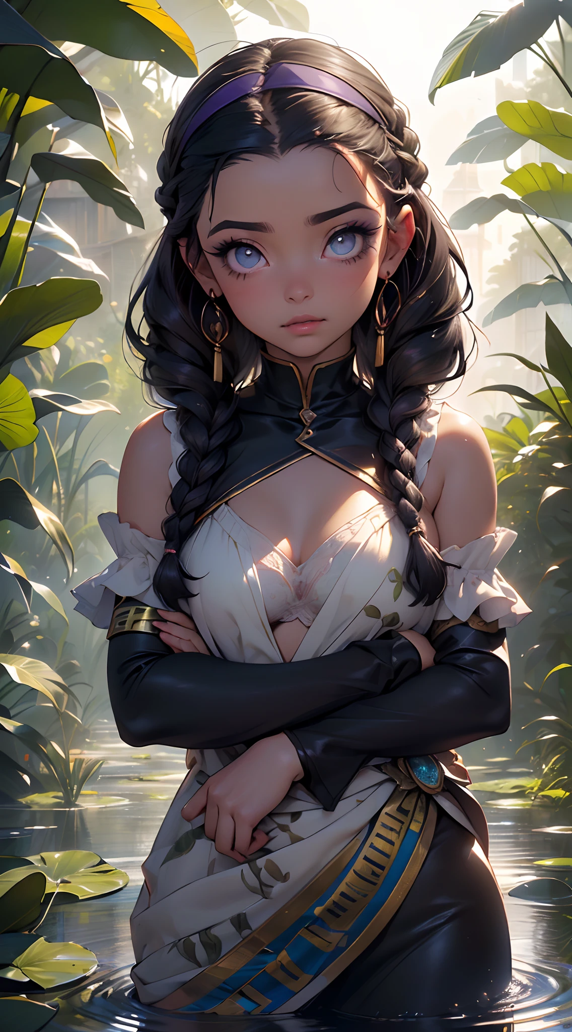 girl tribal,1girl,

(large breasts:1.4),((((long twin braids,tight braids,long braid,braided hair,long hime cut,dark hair,black hair,colored inner hair)))),(((purple_eyes:1.3))),intricate eyes,beautiful detailed eyes,symmetrical eyes,((((lustrous skin:1.5,tanned skin,bright skin: 1.5,skin tanned,shiny skin,very shiny skin,shiny body,Reflective skin)))),(spider lower abdomen,narrow waist,wide hip,athletic body,inflated legs,thick thighs,(detailed face)),beautiful detailed lips,

cute,slutty,sensual,seductive look,seductive,((erotic)),opulent,sumptuous,((nsfw)),

(dirty face:1.3),(topless:1.4), (nipples:1.2),(((eyeshadow,egyptian makeup,eyelid makeup))),((no top, no bra, tatters, exposed belly button)),(scars:1.3),in chains,(barefoot),(((slave collar,Long chain leash connected to her collar,shackles,chains:1.5,Limbs wrapped with chains))),((tiny thong)),((dirty thong:1.1,thong stained with dirt,torn thong:1.1,white thong,wet thong,intricate thong)),

(shy pose:1.3),looking at viewer,embarrassed,shy,centered,scale to fit dimensions,Rule of thirds,

outdoors,overgrown,((dark cult ritual, dark cave:0.5, torch fire, fire lighting, dirt floor)),scenery,extremely scenery,(puddles everywhere,moss,moss on the background),clouds,lily pads,palms,reeds,(sunset, golden hour),

(Glossy Egyptian ornaments),(top-quality,8K,32K,​masterpiece),high resolution,(Photorealistic:1.4),Ray tracing,Sun glare,depth of fields,By backlight effect,Add depth to your screen,(((vibrant colors,vibrant theme))),(intricate),(high contrast,photorealistic artwork:1.37),(best quality,4k,highres,masterpiece:1.2),ultra-detailed,(realistic,photorealistic,photo-realistic:1.37),professional,