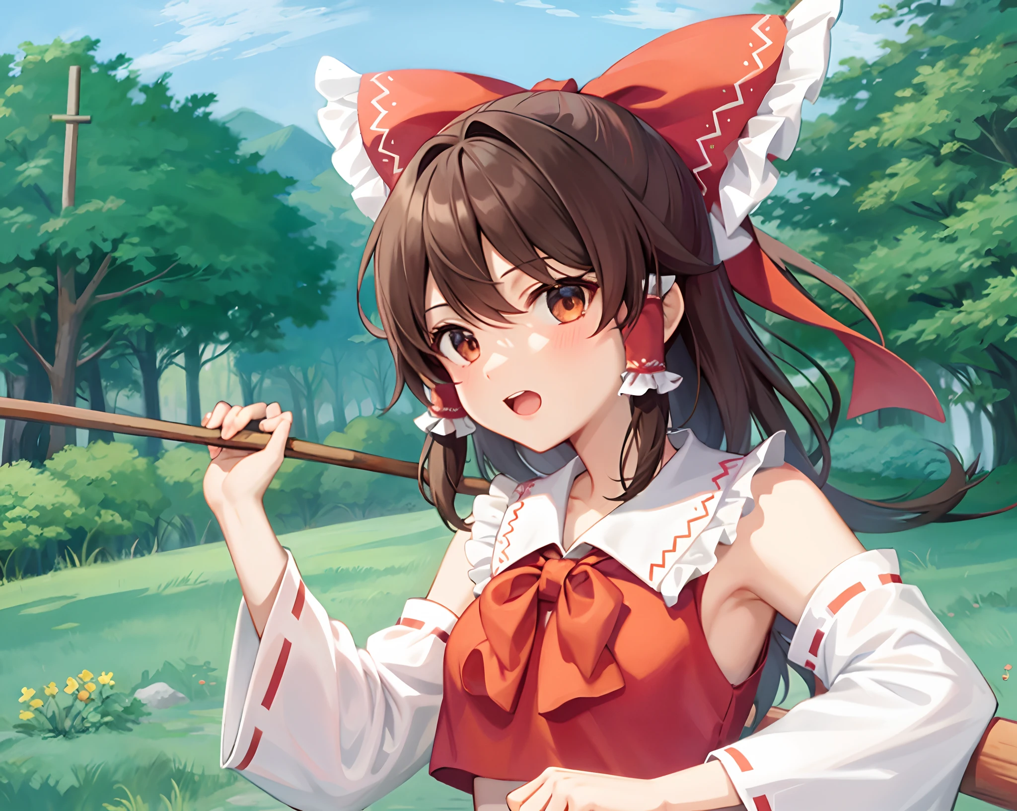 Anime girl with a stick in her hand and a red bow, Reimu Hakurei, frente a un templo, arbóles, pasto, cielo azul hermoso, mirando sorprendida al espectador, brown eyes
