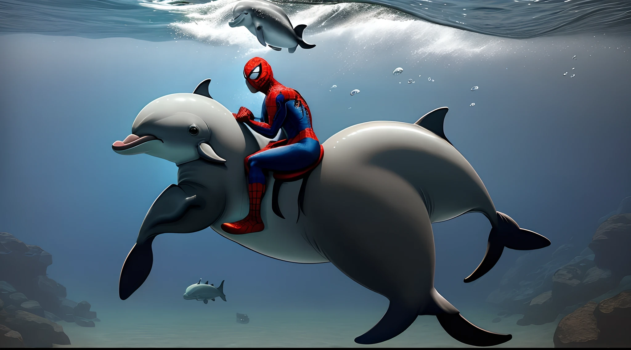 kanye west riding a dolphin with spiderman