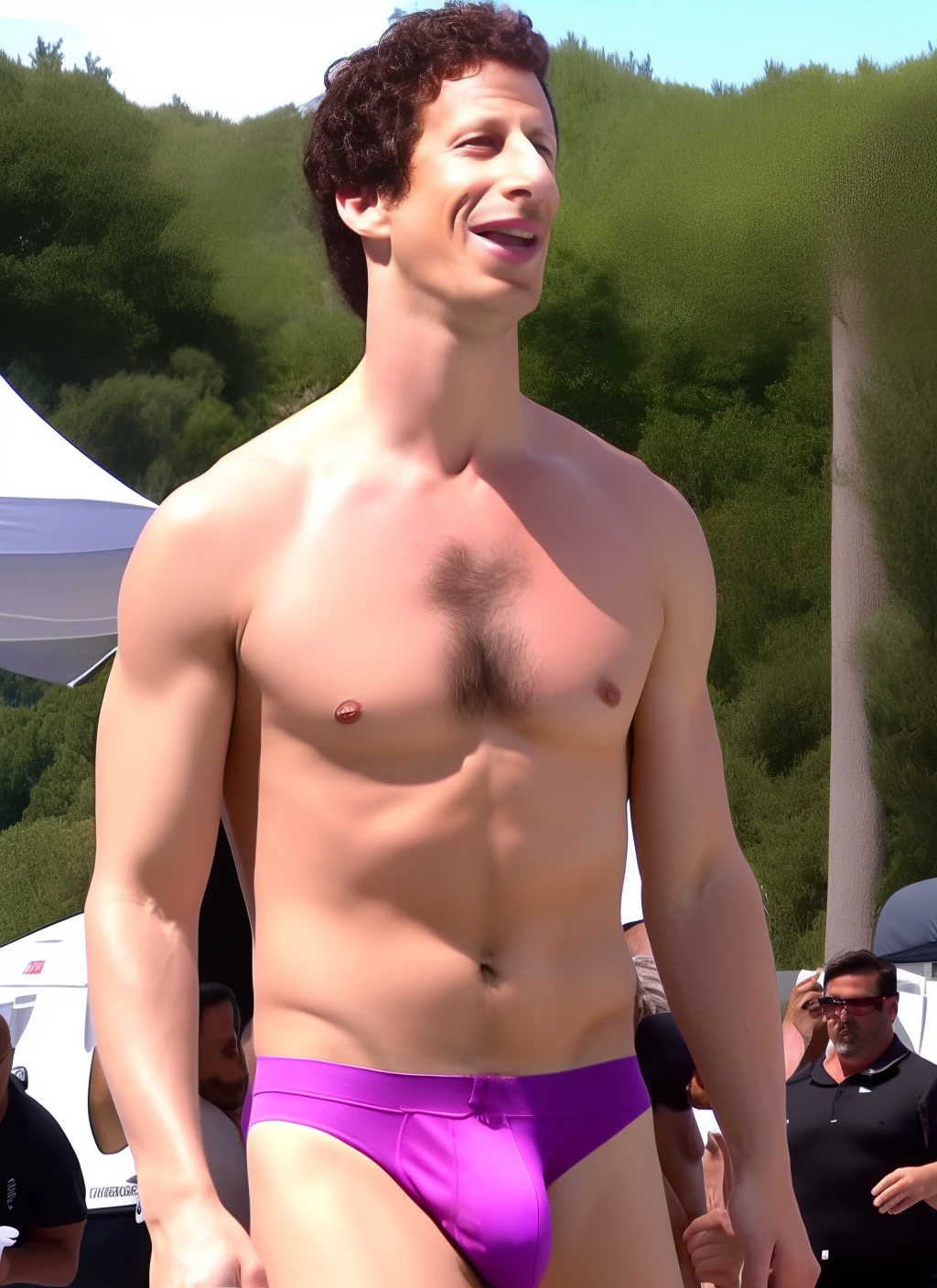 Andy Samberg sweaty shirtless in underwear with huge bulge