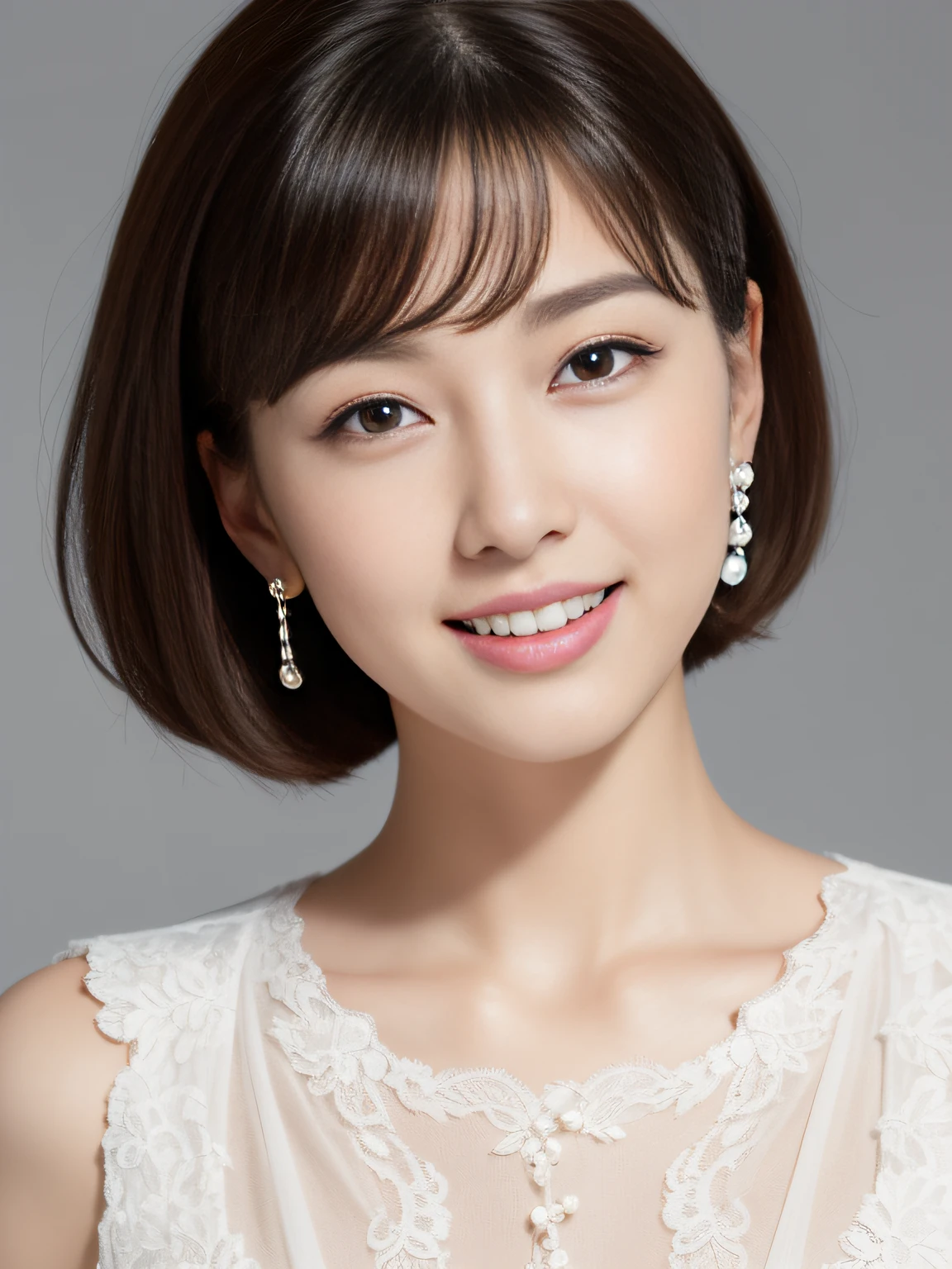 Beautiful 25yo woman。She wore a lace short-sleeved chiffon blouse with snow-white balloon sleeves、Wearing a short sleeve dress with a square cut of white lace。kindly smile、Show your teeth a little。Smile、Her hair is、Short Bob Hair Straight、(Voluminous short bob、straight haired、On-eyebrow bangs)、Bob with only one ear out、hight resolution、​masterpiece、top-quality、headw:1.3、((Hasselblad photo))、Fine skin、Fine textures、foco nítido、(电影灯光)、鎖骨、Pearl earrings、Pearl Necklace、Pearl Katyusha、cowboy  shot、Light gray background