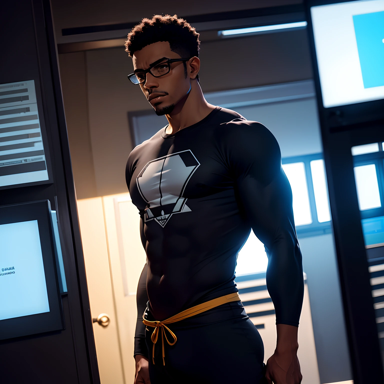 Homem negro, Perfect centralization, usando uma camisa geek, Standing position, Centrado, dynamic, altamente detalhado, foco nítido, 8k, high-definition resolution, foto perfil,