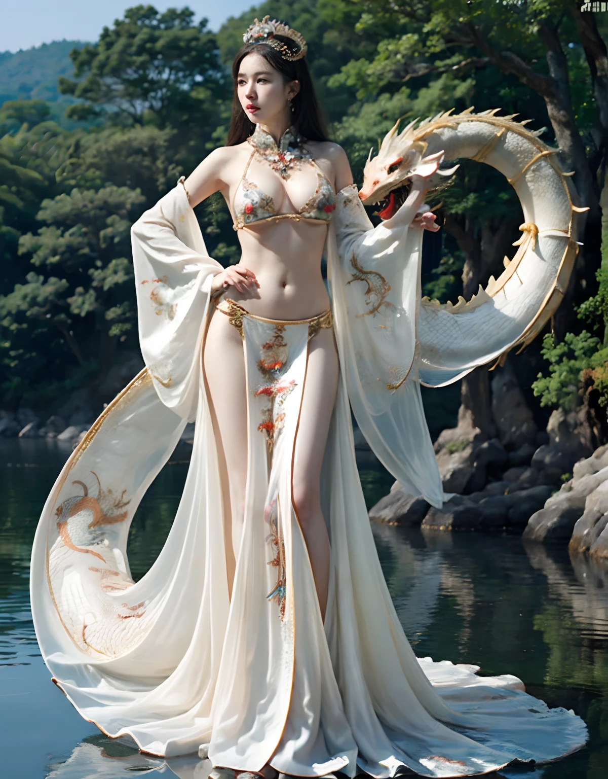 (heavy breasts)、top-quality、​masterpiece、超A high resolution、（Blue Dragon Armor）、(((Colossal tits))),dragon armor、(((Detailed Micro Bikini))),(Wearing a beautiful crown made of jewels),(Photorealsitic:1.4)、Raw photo、女の子1人、(((Random hair))、(((Take different poses)))、glowy skin、(((White Chinese Dragon)))、Intricate and ornate hair ornaments、（Gorgeous Jewelry Necklaces）、（Mystical expression）、（Full Body Angle）、（Fight big dragons）、With a beautiful knife、（Metal bikini）、((beautiful lake background)),(beautiful forest background)、Precipitous cliffs、(Castle background)、((super realistic details))、portlate、globalillumination、（sexypose）、Shadow、octan render、8K、ultrasharp、Colossal tits、Raw skin is exposed in cleavage、metals、Details of complex ornaments、Japan details、highly intricate detail、Realistic light、CGSoation Trends、Blue eyes、radiant eyes、Facing the camera、Precipitous cliffs、Toostock、（Full Body Angle）、（veils）、(((Heavy Big))),