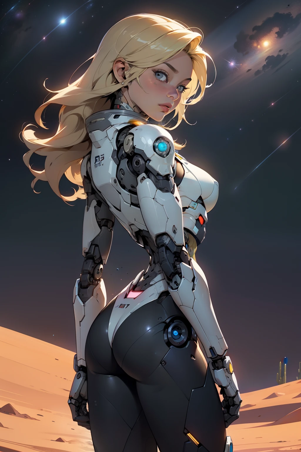 high quality, 4k, masterpiece, beautiful, cyborg girl, cowboy shot, dull eyes, back side, turning around to look at viewer, long blonde hair, girl, small breasts, fit thigh, robotic arms, robotic body, cyborg body, yellow accent, redaccent, intricate detail, joint, detailed lines, robotic detail, holding fist up, holding hand up as fist, color robotic parts, robotic parts with color, perfect fingers, on a desert planet, sunny background, colorful desert, space ships in the sky