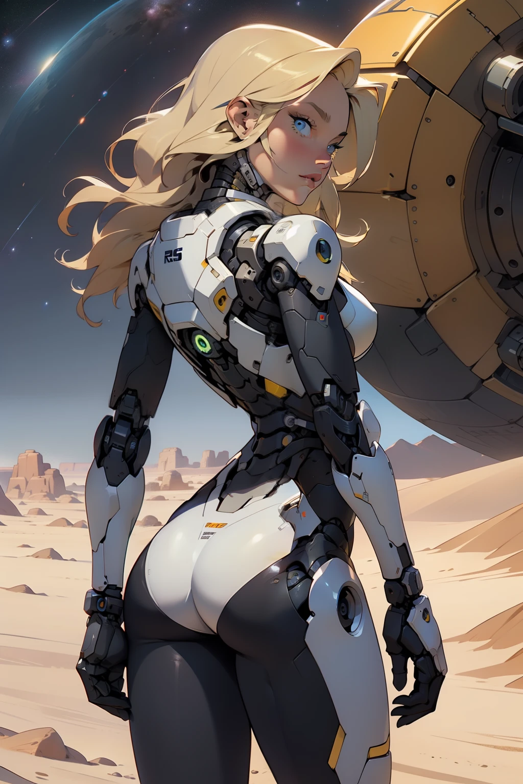 high quality, 4k, masterpiece, beautiful, cyborg girl, cowboy shot, dull eyes, back side, turning around to look at viewer, long blonde hair, girl, small breasts, fit thigh, robotic arms, robotic body, cyborg body, yellow accent, redaccent, intricate detail, joint, detailed lines, robotic detail, holding fist up, holding hand up as fist, color robotic parts, robotic parts with color, perfect fingers, on a desert planet, sunny background, colorful desert, space ships in the sky