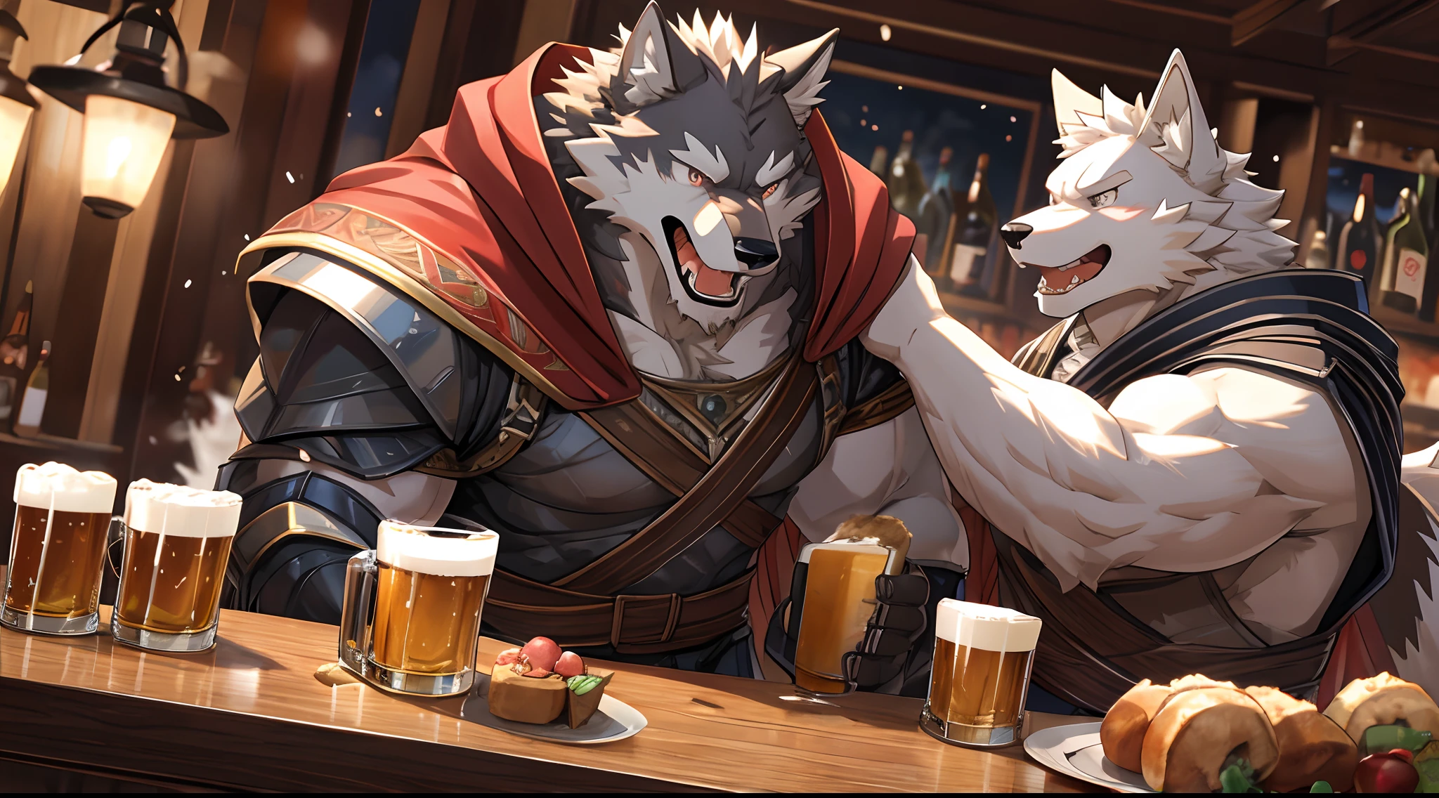 Anthro((dramatic))epic, dynamic pose, One scene of movie, An extreme perspective with a powerful composition, absurdres, Perfect Anatomy, magnificent picture of kemono fighting fierce battles, (ultra detailed), sharp focus, niji, eyesgod, black eye, furry, light-white fur, brown fur, black beard, anthro (wolf), male, middle-aged, gray body, white belly, tail, muscular, knight costume, long red cherry cloak, ultra detailed face, enjoying a beer, table, in the bar, open mouth, drunk, ear blush, full blush, heavy breathing, laughing, depth of field, motion blur, (best quality), (masterpiece), high details, high quality, award winning, highres, HD, 16k