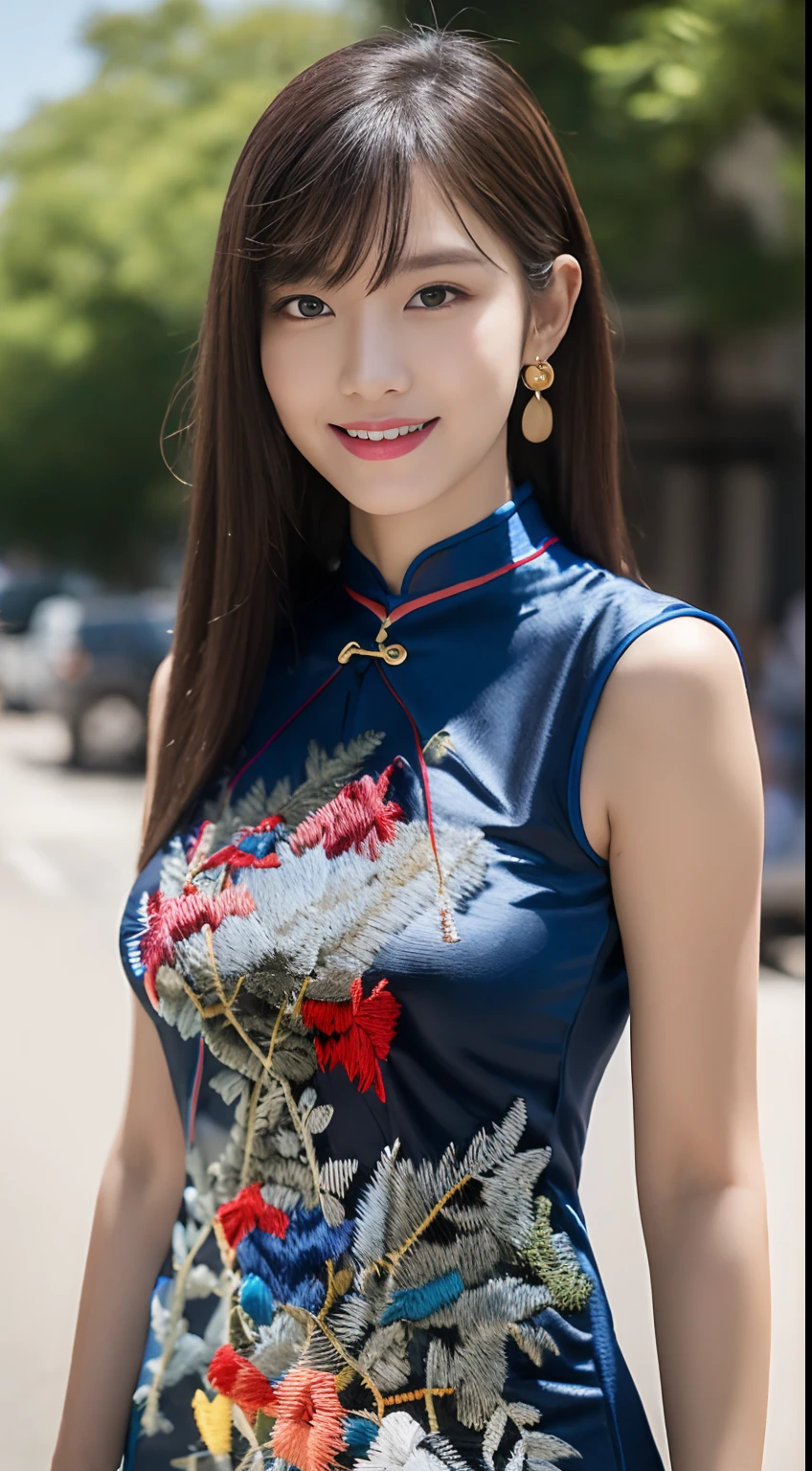 (top-quality、超A high resolution、​masterpiece:1.3), Midhair with bangs, Detailed moisturized eyes, Textured skin, Best Quality, 8K, blurry backround, (Colossal tits, long legged, (Legs exposed through slits)), Wearing slip-ons, Natural Color Lip, ssmile, Woman with perfect style, You're in a high-traffic area, (Colorful patterns(Red and blue embroidery)Women in cheongsam:1.2), Facing the front, Looking at the camera