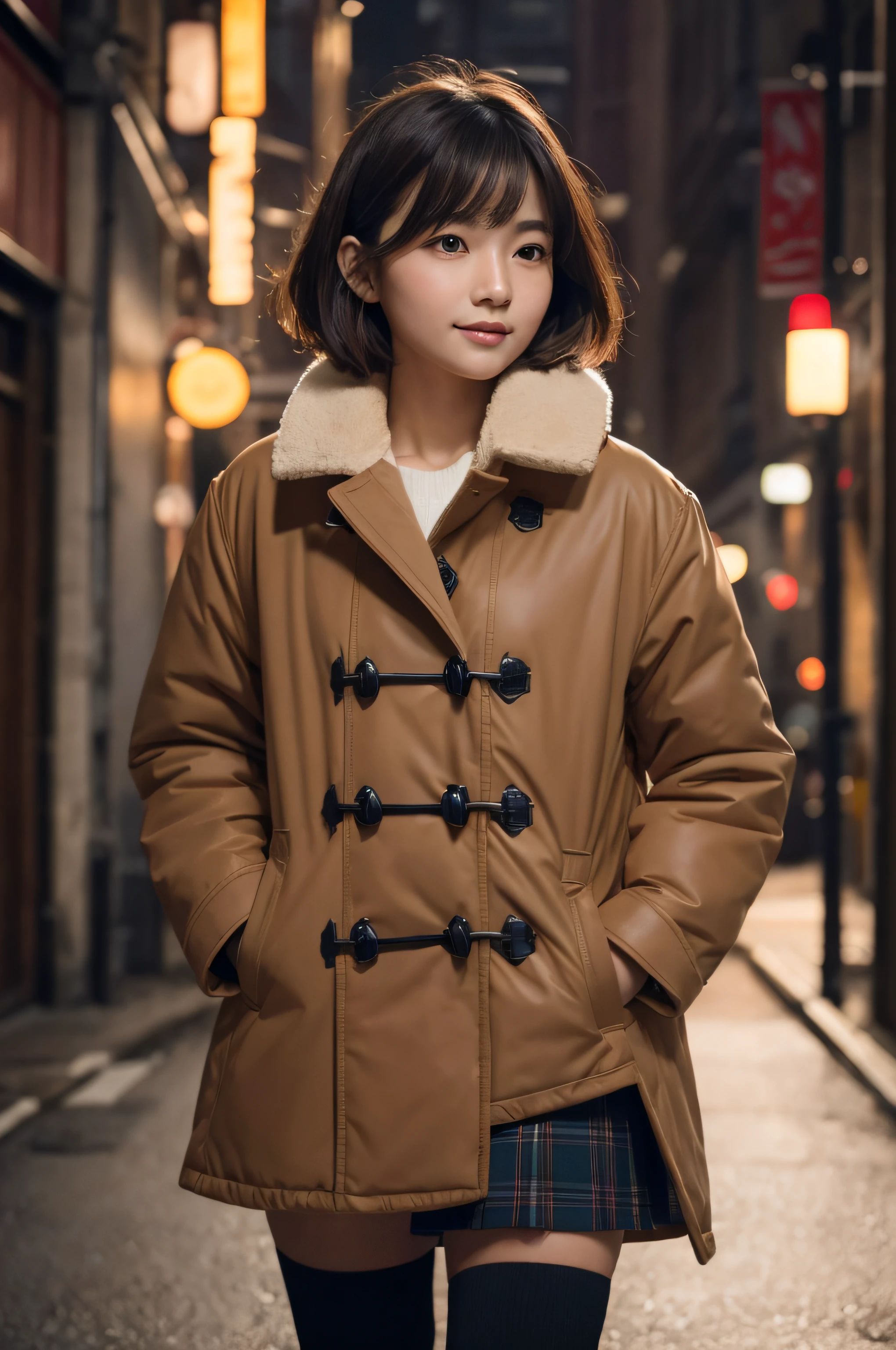 japanese girl, posing on the walking street, in autumn,(wearing black duffle coat),(putting on tartan check miniskirt), (photoshoot style, shooting from front, upper knee statue, body facing forward), 26 years old, (toned body type:1.2, tall height 5.35 feet), (normal breast :1.2, hemispherical udder silhouette:1.2), little smiling, perorbital swelling, brown fluffy and wavy short-cut hair, natural bangs, detailed brown eyes, detailed finger, suppin, no make, (photorealsitic:1.4), (high-resolution details of human skin texture:1.2, rough skin:1.2, Uneven skin tone:1.6, skin texture must be natural:1.1), top-quality, masterpiece, high resolution, raw photo, natural soft light, professional lighting