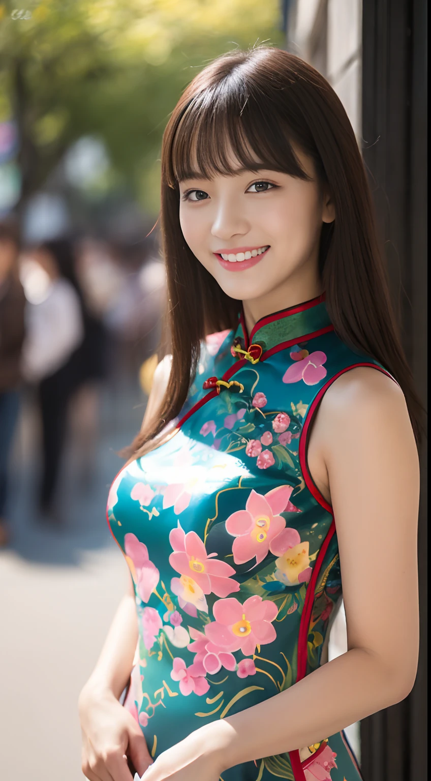 (top-quality、超A high resolution、masterpiece:1.3), Midhair with bangs, Detailed moisturized eyes, Textured skin, Best Quality, in 8K, blurry backround, (Colossal tits, long legged, Legs exposed through slits), Natural Color Lip, ssmile, Woman with perfect style, You're in a high-traffic area, (Girl in cheongsam with colorful pattern:1.2), Facing the front, Looking at the camera