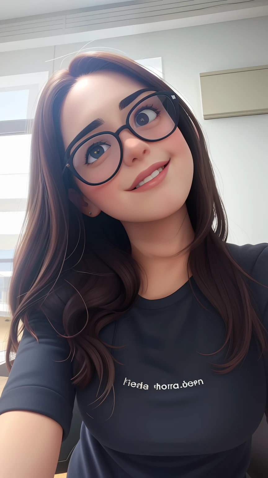 Uma mulher de 24 anos, com longos cabelos castanhos escuro, Rosto redondo, sorriso encantador, e olhos castanhos escuro, Wearing Vintage Glasses
