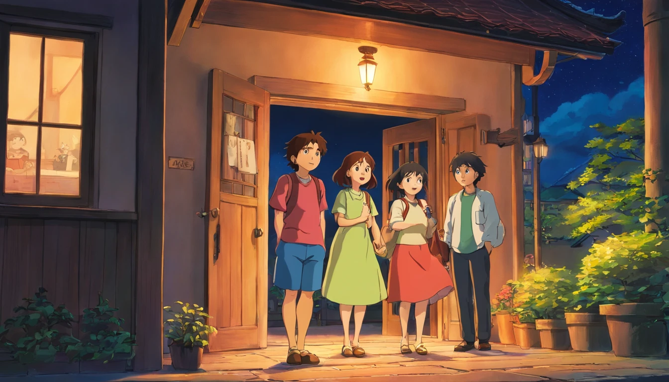 Create a Close-up illustration that represents, Amy's parents go out and leave the three friends alone in the house. Image of the three friends in the house at night. an atmosphere of supernatural horror, Use a style filter with a value of 1000 and a resolution of 8k.