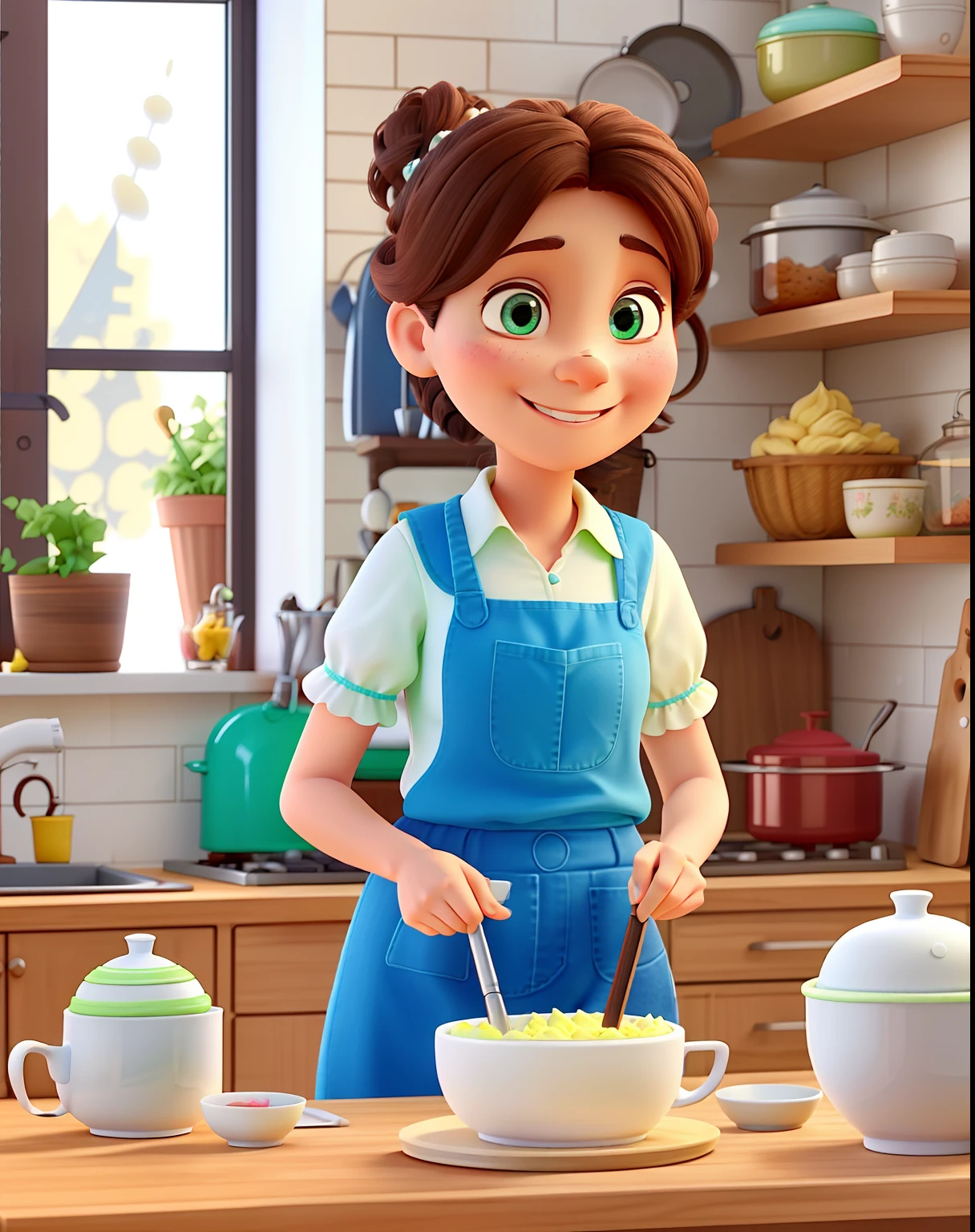 pixar character, friendly and smiling woman, 45 years old, stirring cake with a whisk in a white bowl with handle, woman weighing 80 kg, denim blouse with puffed sleeves, bun in her hair, piping bag on the table, shelves with kitchen utensils, many bundt cakes in the setting, long and slightly wavy dark brown hair, light brown eyes, in the kitchen, with white kitchenaid, white and light green background, confectionery objects, wooden shelves with doupan shapes and blue star pan