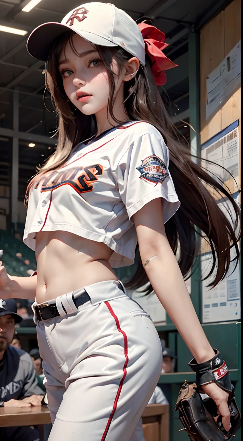 A female baseball player pitches，Baseball in hand（1.5），Batting dynamics，Correct ergonomics（1.5），tmasterpiece，top Quority，super wide shot（1.5)（realisticlying，realisticlying：1.4），（RAW photos：1.4），Very delicate CG Unity 8K wallpaper，very delicate beautiful，Mann pays attention to detail，offcial art，Beautiful eyes and face（1.5），Beautiful exquisite eyes，light in face，one-girl，long whitr hair，（pompons）nabel，The upper part of the body，Baseball uniforms，He wears baseball gloves on his hands， baseball stadium，