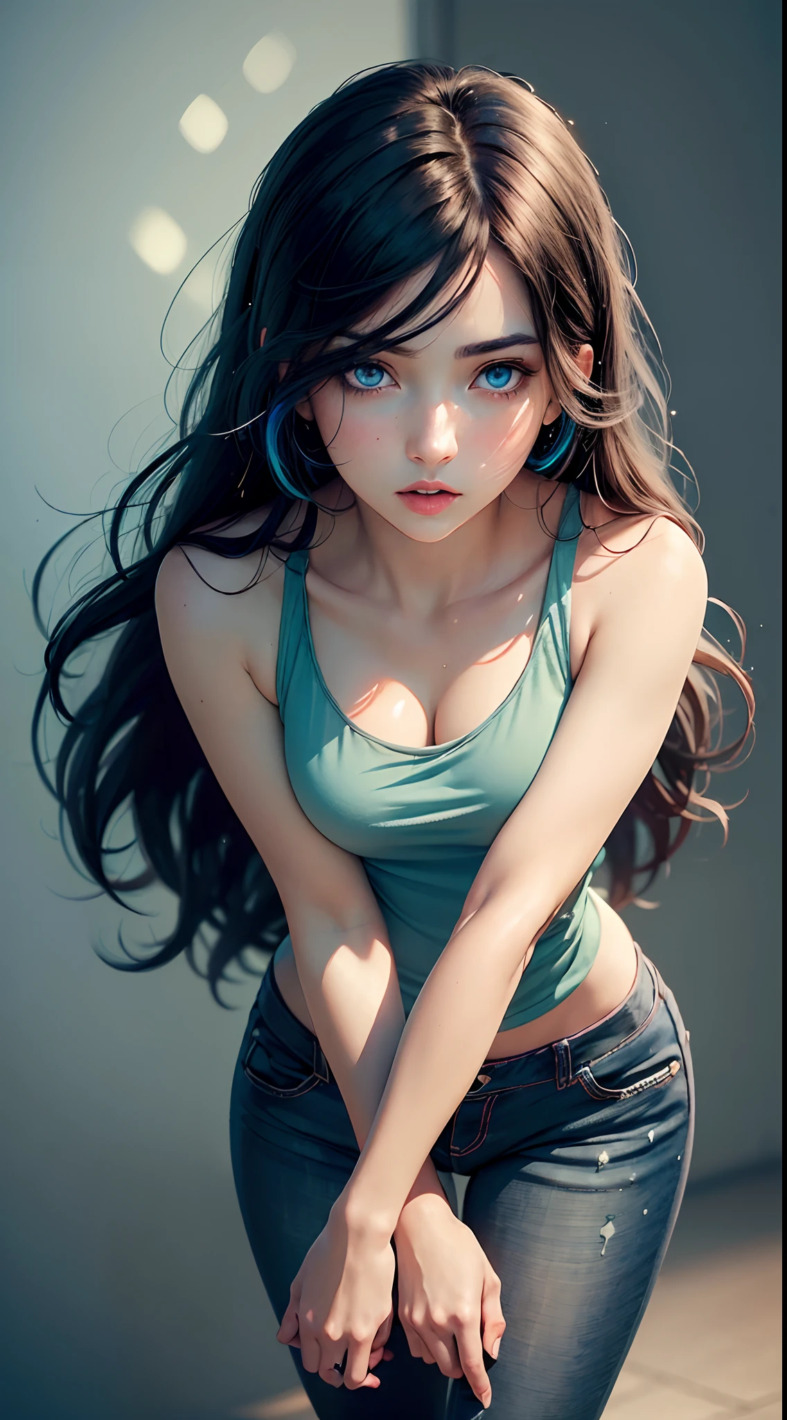 (1girl),(masterpiece), (work of art), (amazing work), (detailed eyes), (blue skin),(multicolored), (long black hair), (sparkling eyes), (1girl),),best quality, full body, expressive eyes, perfect face,green tank top, skinny jeans