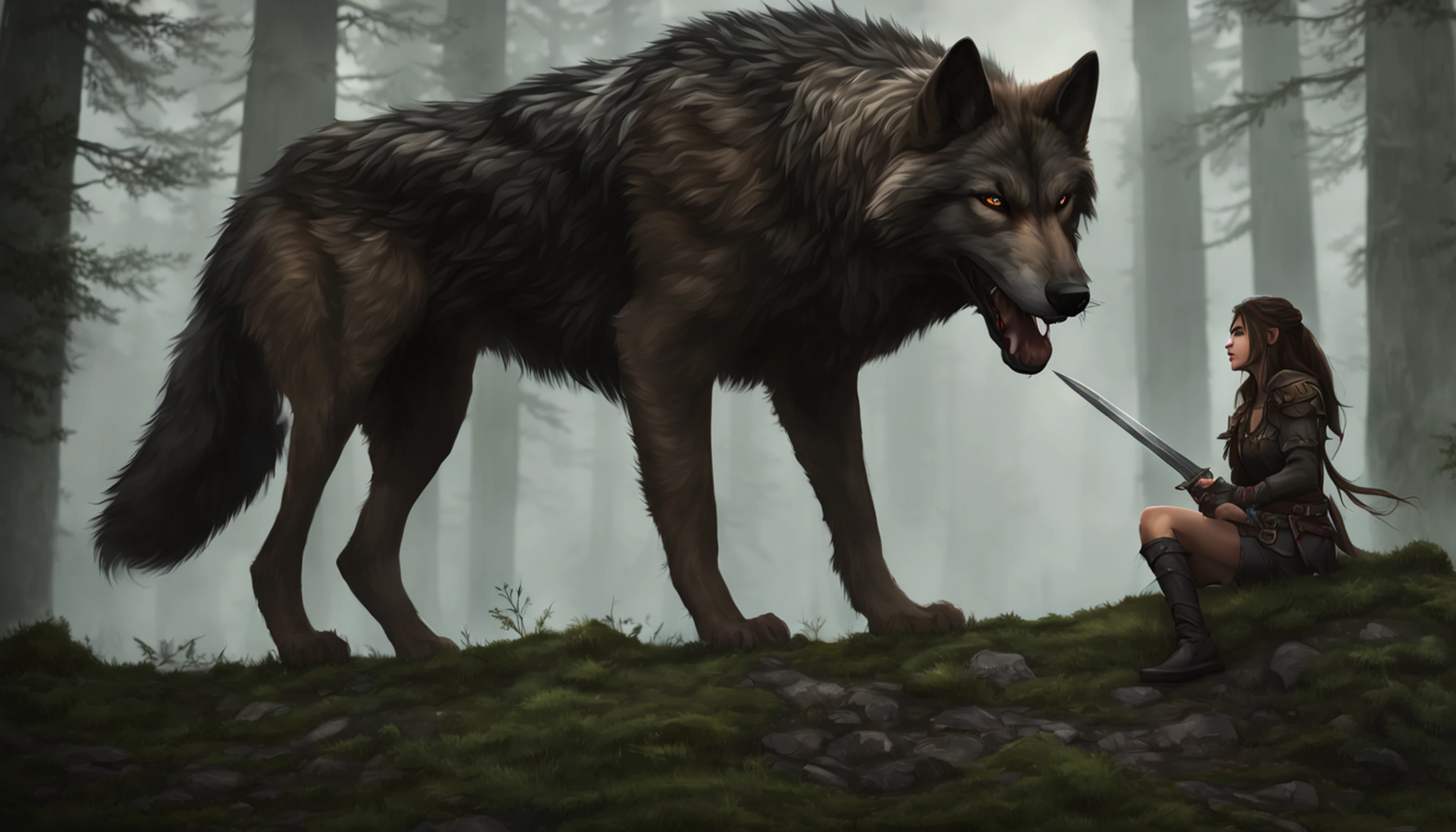 arte de fantasia, Arte de RPG, arte de fantasia sombria, tiro ultra largo, .RAW, fotorrealista, A photo of female human ranger and her wolf pet, O Ranger, uma mulher humana bonita e requintada, longos cabelos loiros, braided hair, olhos verdes, usando armadura de couro, Usando (Capa vermelha: 1.1), armado com um (espada: 1.3), usando botas rendadas, Standing in a dark forest at night, (Mist rising from the terrain: 1.3), a sense of dread and fear, no entanto, ela permanece desafiadora e destemida, Her wolf pet is near her, protegendo-a, fundo escuro da floresta da fantasia, best quality, 16k, [ultra detalhado], master part, best quality, (ultra detalhado), corpo inteiro, tiro ultra largo, fotorrealismo