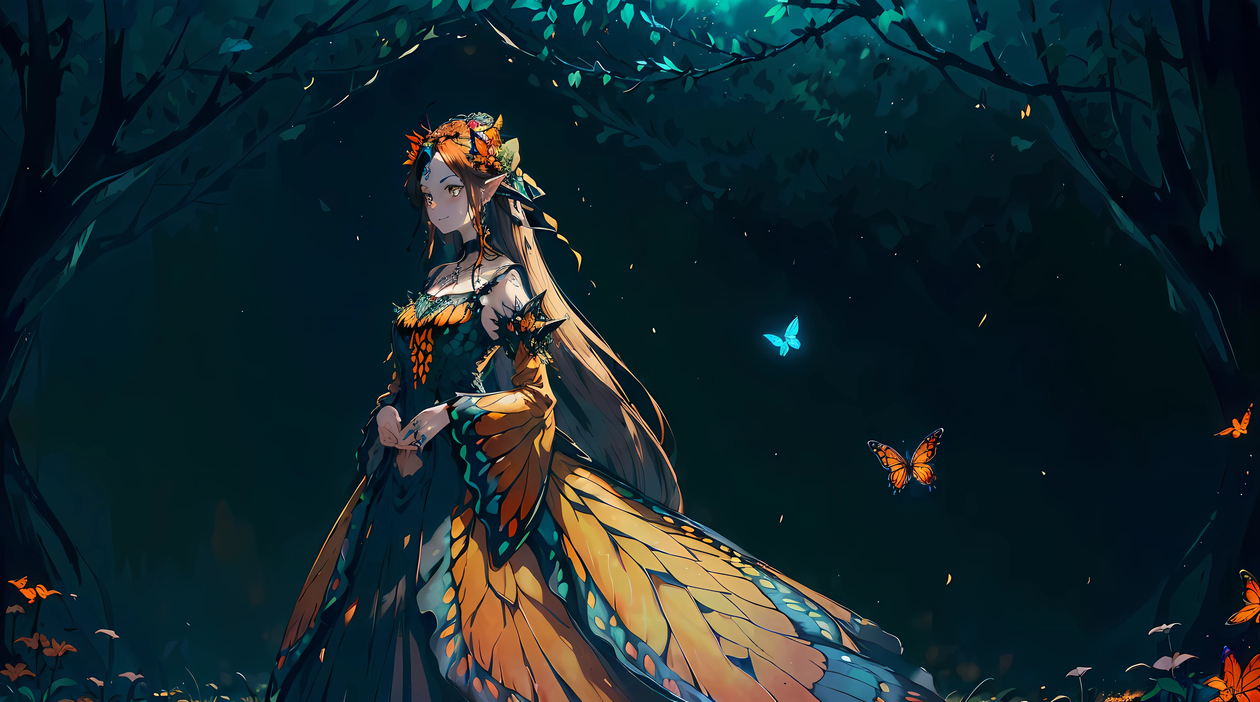 ((fullbody)) 1girl, colorful monarch butterfly girl, ((huge majestic butterfly wings : 1.3)), head wings, ((((butterfly wing ears))), absurdly long hair, (very long hair), long thin sidelocks, forehead, ((forehead jewel marking : 1.2)), blushing, full face blushing, narrowed sparkling ((deep orange eyes : 1.2)), mature lady, cute pose, happy facial expression, ((warm smile)), tattoos, butterfly tattoos, hands on own cheeks,
((gorgeous and elegant fashion)) ephemeral black, orange, yellow and brown ((multicolored monarch butterfly dress)), very long dress, ((evening gown)), detached long sleeves, ((wide draping sleeves)), ribbon trim, (yellow ribbon), orange ribbon, ((dozens of beautiful butterflies sewn onto long flowy gown skirt : 1.3)), butterfly ((head wreath)), long sheer coat, large hair ornament, ((butterflies hair ornament : 1.2)), hair_flower, butterfly hairpins, floral earrings, ((monarch butterfly pendant necklace : 1.2)) ((hyperdetailed clothing and fashion)) looking at you, vintage girl, blushing, (beautiful detailed eyes), (extremely detailed CG unity 8k wallpaper) (best shadow), ((an extremely delicate and beautiful)), (detailed light), ((depth of field)) big head, big sparkling eyes, moe, splash art, cinematic lighting, frontal view, volumetric lighting maximalist photo illustration 64k resolution high res intricately detailed complex key visual precise linear line art,
((standing in the beautiful enchanted fairytale forest background, under the cloudy sunset skies and canopy trees, spring, surrounded by dozens of beautiful butterflies, swarmed by butterflies, tall grass, huge flowing wildflowers in dozens of colors, vines, trees reaching the heavens, mystic lamps covered in butterflies)) ((hyperdetailed scenery, very vast view, perspective shot, depth of field, detailed tranquil hillsides and flower fields in the distance, endless butterflies and flowers theme : 1.3))