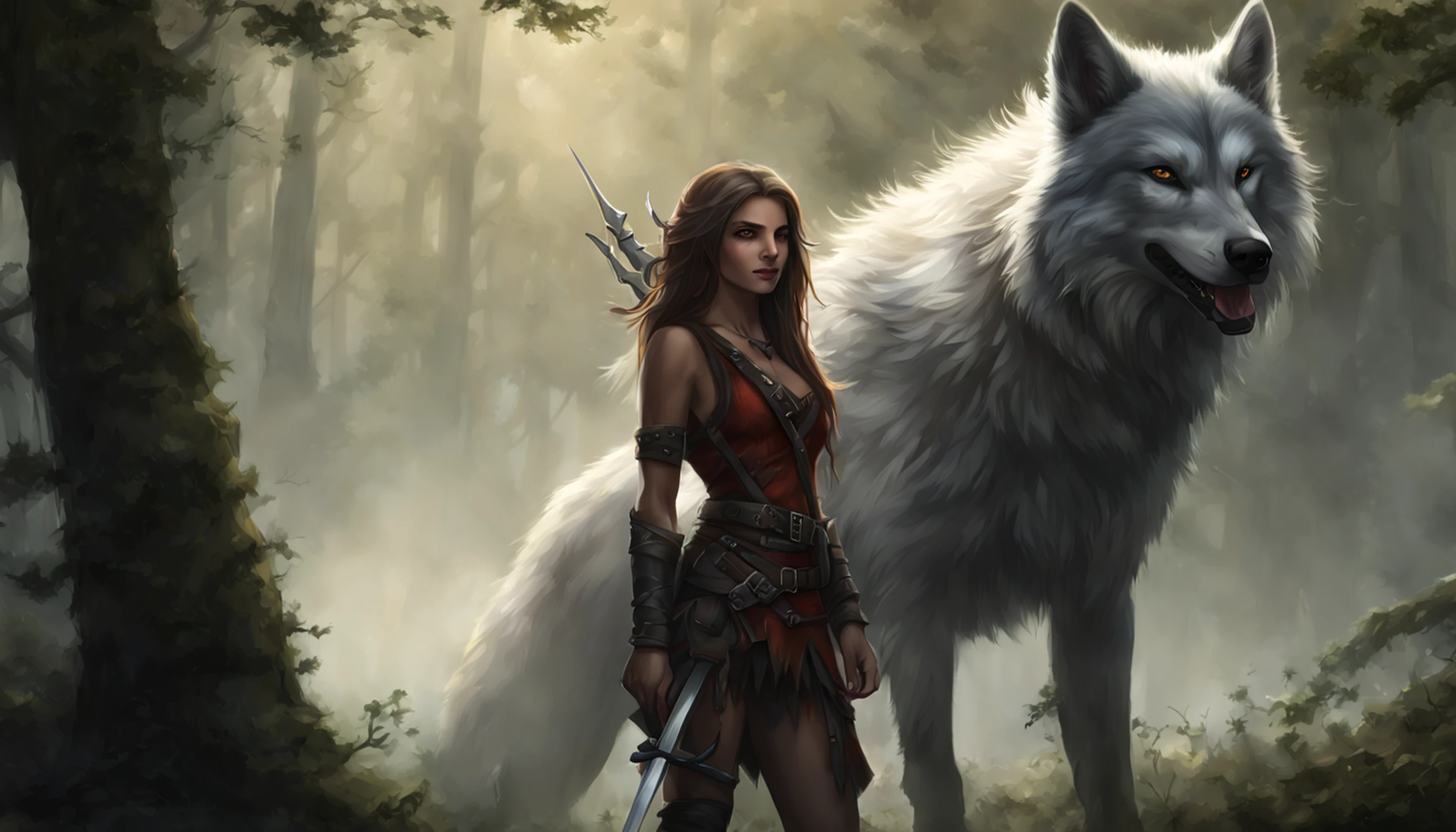 arte de fantasia, Arte de RPG, arte de fantasia sombria, tiro ultra largo, .RAW, fotorrealista, A photo of female human ranger and her wolf pet, O Ranger, uma mulher humana bonita e requintada, longos cabelos loiros, braided hair, olhos verdes, usando armadura de couro, Usando (Capa vermelha: 1.1), armado com um (espada: 1.3), usando botas rendadas, Standing in a dark forest at night, (Mist rising from the terrain: 1.3), a sense of dread and fear, no entanto, ela permanece desafiadora e destemida, Her wolf pet is near her, protegendo-a, fundo escuro da floresta da fantasia, best quality, 16k, [ultra detalhado], master part, best quality, (ultra detalhado), corpo inteiro, tiro ultra largo, fotorrealismo