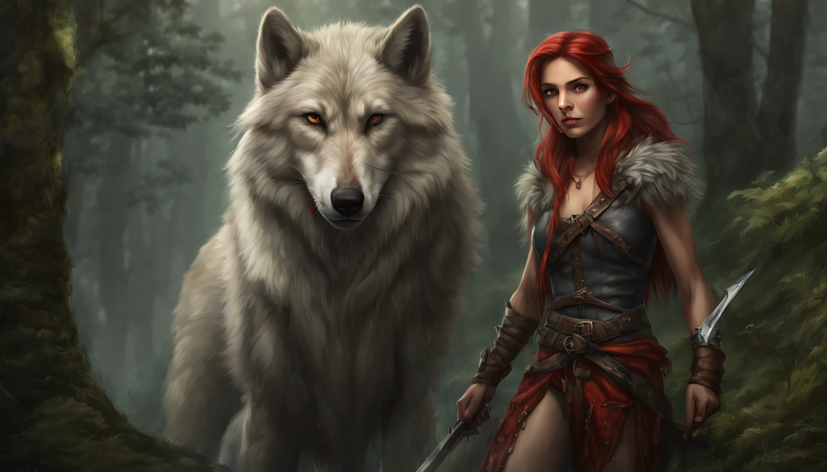 arte de fantasia, Arte de RPG, arte de fantasia sombria, tiro ultra largo, .RAW, fotorrealista, A photo of female human ranger and her wolf pet, O Ranger, uma mulher humana bonita e requintada, longos cabelos loiros, braided hair, olhos verdes, usando armadura de couro, Usando (Capa vermelha: 1.1), armado com um (espada: 1.3), usando botas rendadas, Standing in a dark forest at night, (Mist rising from the terrain: 1.3), a sense of dread and fear, no entanto, ela permanece desafiadora e destemida, Her wolf pet is near her, protegendo-a, fundo escuro da floresta da fantasia, best quality, 16k, [ultra detalhado], master part, best quality, (ultra detalhado), corpo inteiro, tiro ultra largo, fotorrealismo