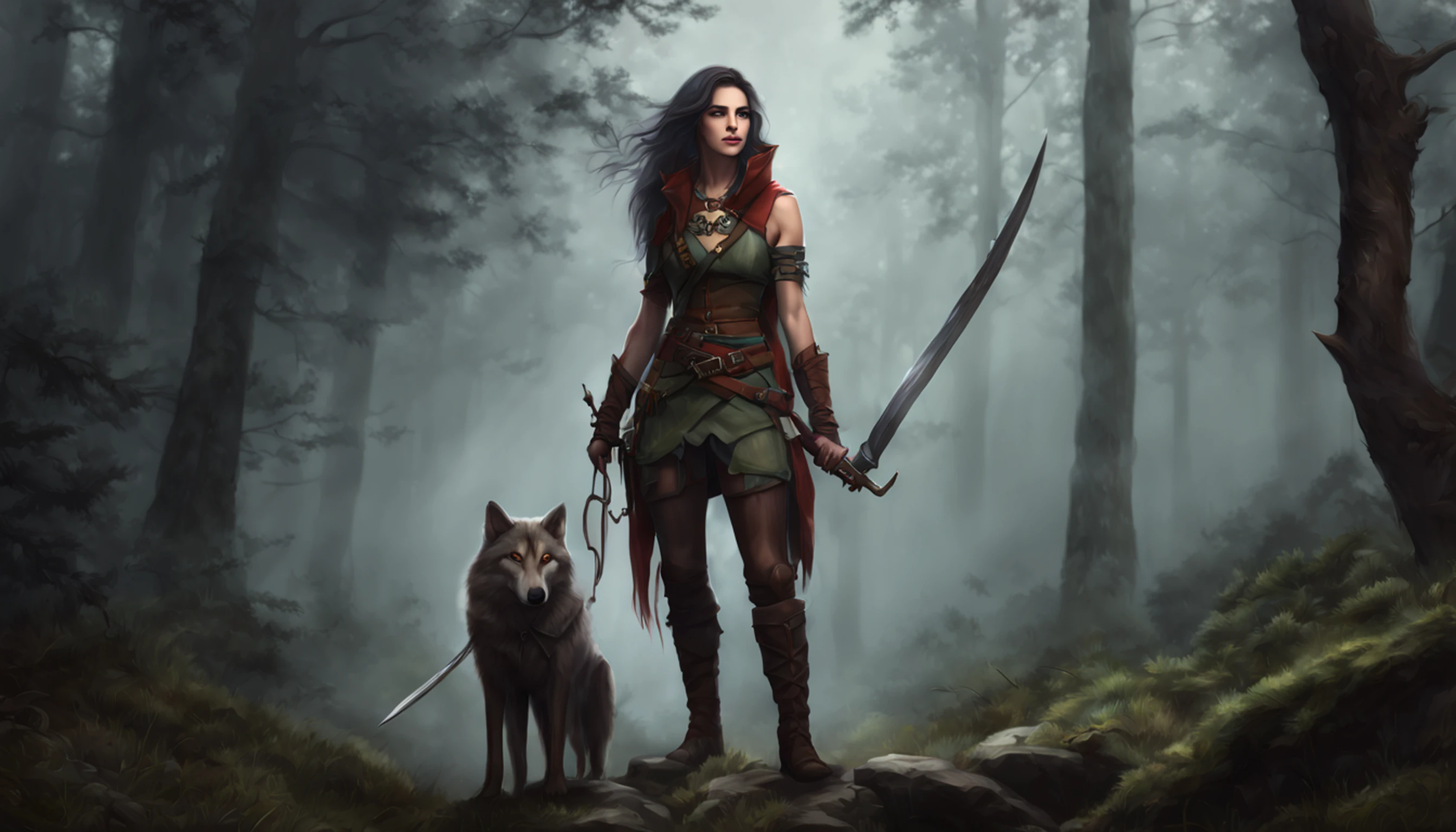 arte de fantasia, Arte de RPG, arte de fantasia sombria, tiro ultra largo, .RAW, fotorrealista, A photo of female human ranger and her wolf pet, O Ranger, uma mulher humana bonita e requintada, longos cabelos loiros, braided hair, olhos verdes, usando armadura de couro, Usando (Capa vermelha: 1.1), armado com um (espada: 1.3), usando botas rendadas, Standing in a dark forest at night, (Mist rising from the terrain: 1.3), a sense of dread and fear, no entanto, ela permanece desafiadora e destemida, Her wolf pet is near her, protegendo-a, fundo escuro da floresta da fantasia, best quality, 16k, [ultra detalhado], master part, best quality, (ultra detalhado), corpo inteiro, tiro ultra largo, fotorrealismo