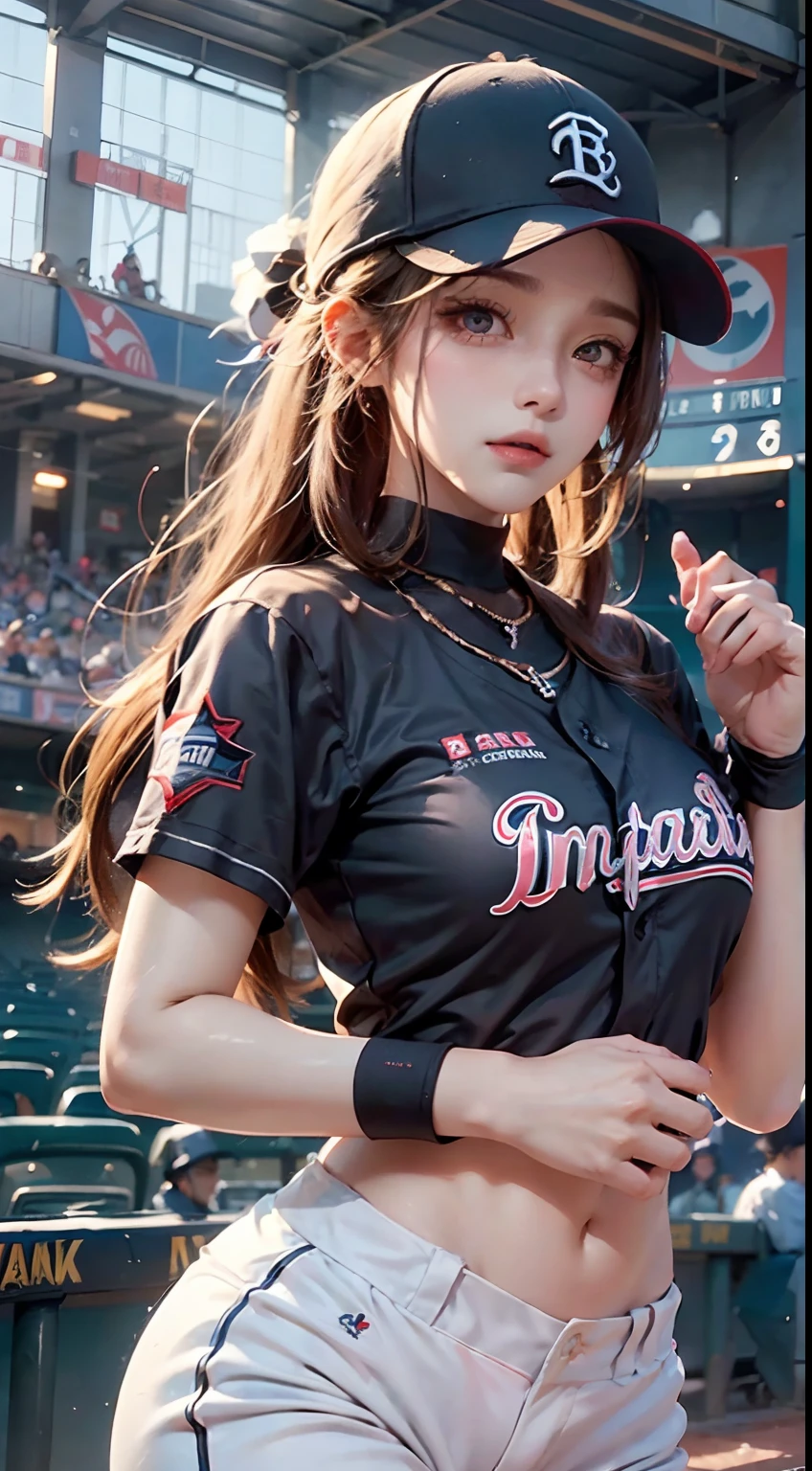 (Photogenic, best quality, Masterpiece: 1.5), baseball, baseball stadium, Hands are clear and distinct, ponytail, underwear, voluptuous body, beautiful face, 3D, Japanese, baseball wear, , mini-skirt, A glimpse of underwear, bandy-legged, short hair, beautiful face, shining thighs, pure white skin, Japan, high school girl, real
