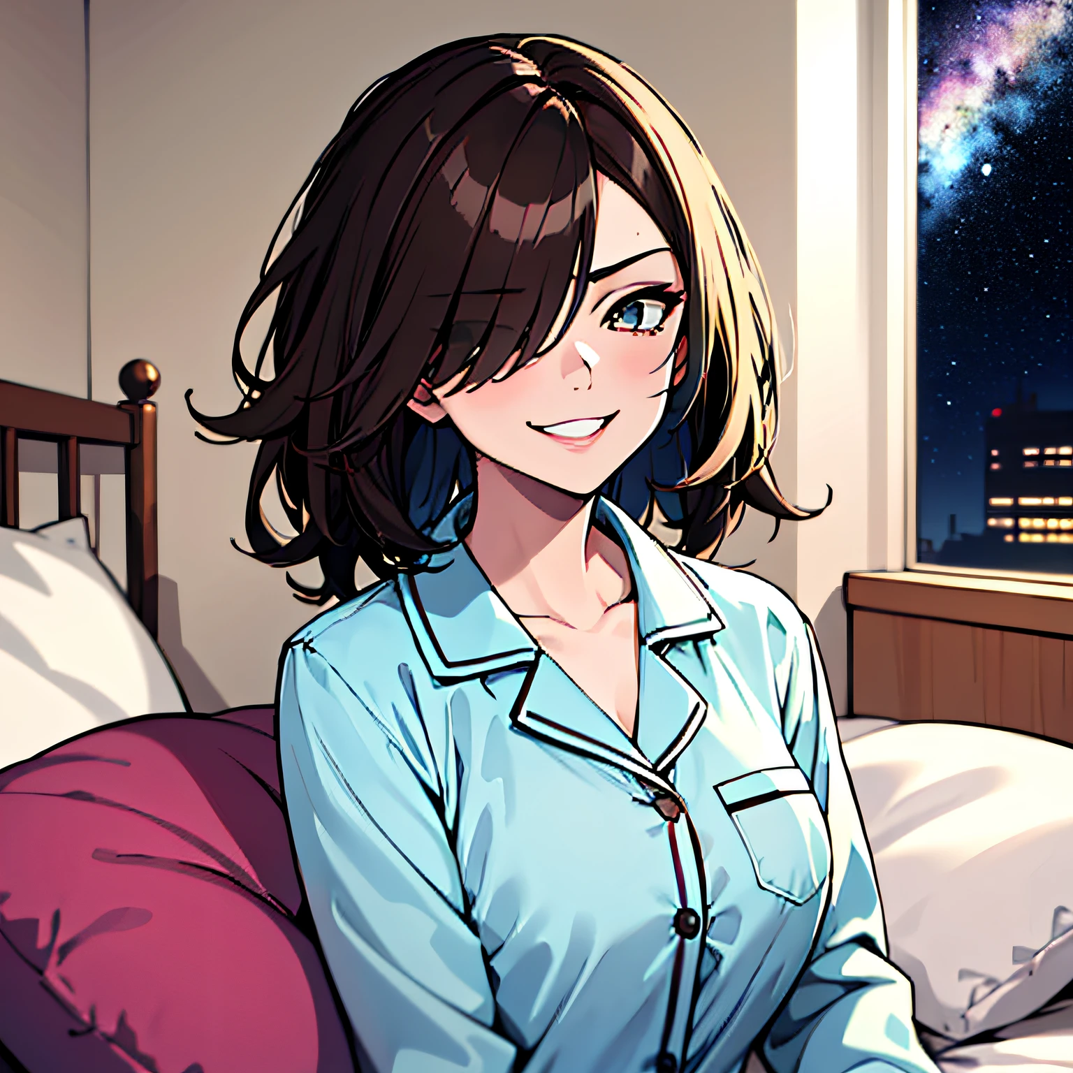 (absurdres, 8k, 4k, masterpiece, hyper extreme detailed:1.2), solo, 1girl, front view, portrait, best quality, expressive eyes, perfect face, 1girl, portrait, solo, standing, Female, toned body, mature female, medium breasts, pale, hair covering one eye, dark brown hair, medium hair, eyepatch, sarcastic, snarky, soldier, adult, hazel eyes, delinquent, sarcastic, smirk, crazy eyes, messy hair, swept bangs, half body, perfect anatomy, front view, leaning back, leaning back, night time, night sky window, bed room, in bed, sitting on bed, sleepwear, gradients in hair, grabbing viewer, sleep shirt, pajamas, pillows, blankets, bed