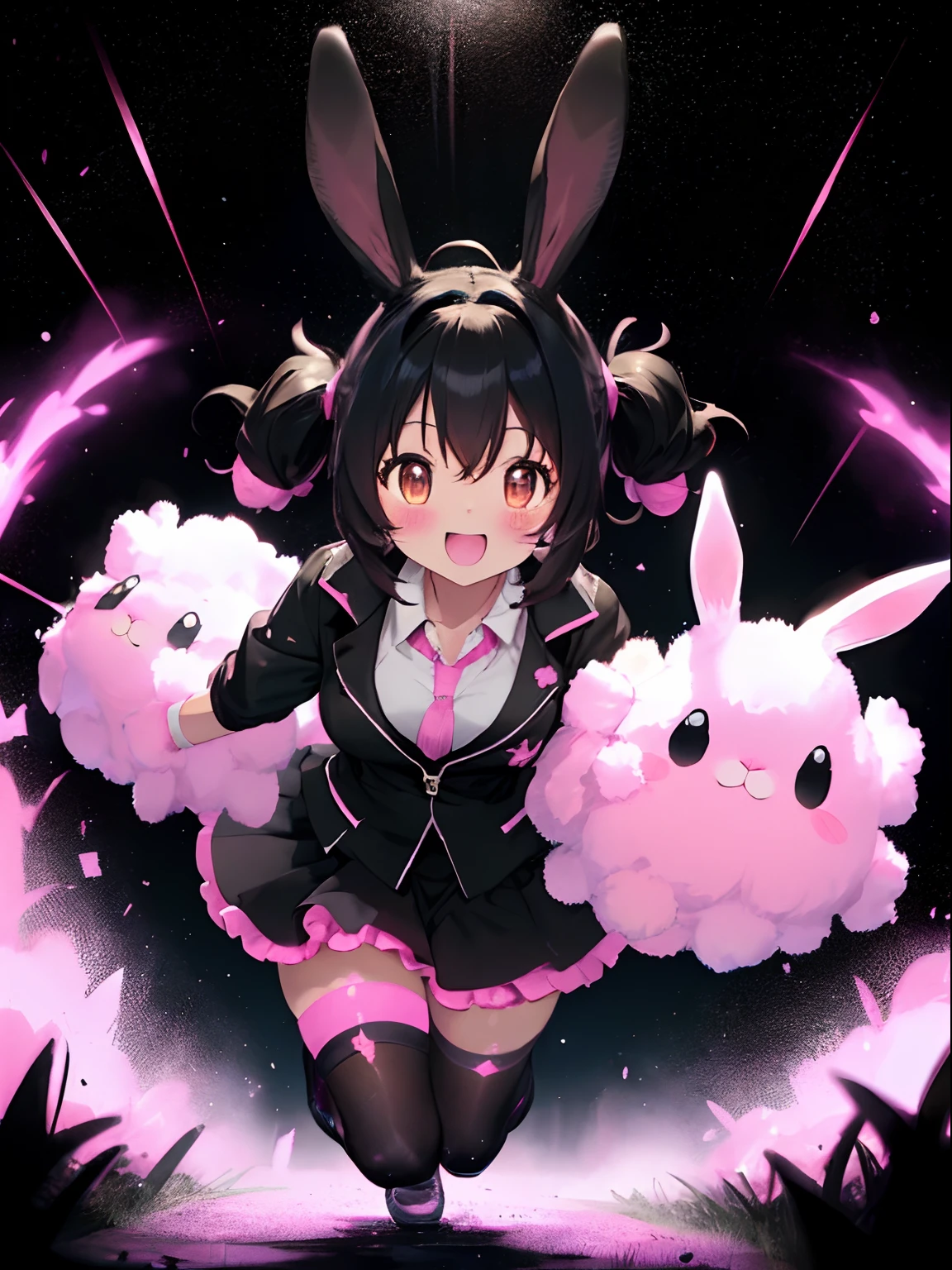 Pitch black background,Pink fluffy rabbit-like creature,Run around energetically,Have fun bouncing around,lapin