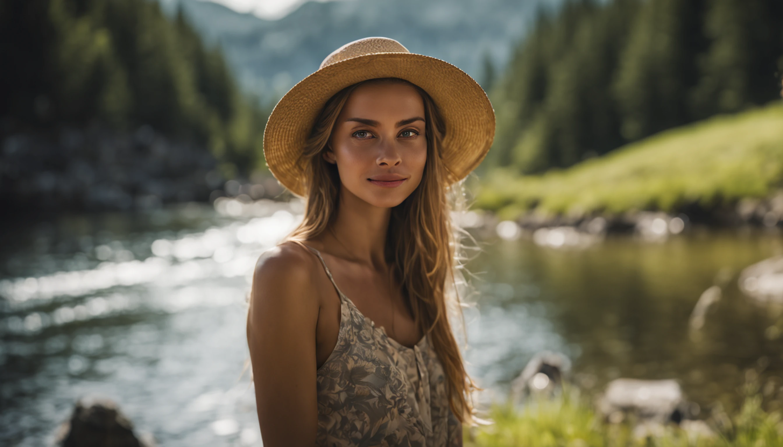 (photorealistic), women, beautiful lighting, best quality, realistic, whole figure, real image, intricate details, depth of field, mountain tourist, in summer landscape, highly detailed, high, Fujifilm XT3, outdoors, bright day, beautiful lighting, RAW photo, 8k uhd, film grain, ((bokeh))