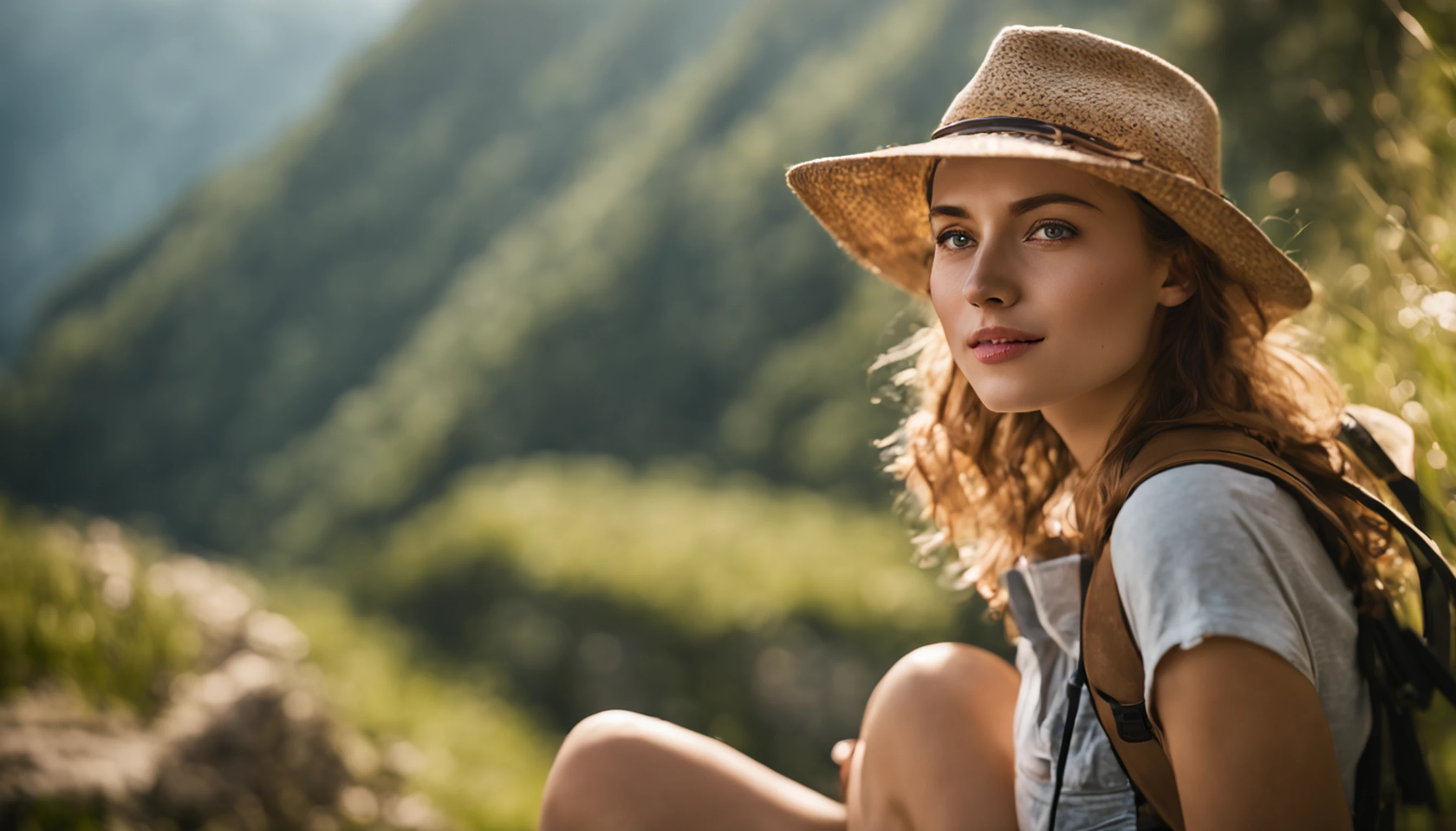 (photorealistic), women, beautiful lighting, best quality, realistic, whole figure, real image, intricate details, depth of field, mountain tourist, in summer landscape, highly detailed, high, Fujifilm XT3, outdoors, bright day, beautiful lighting, RAW photo, 8k uhd, film grain, ((bokeh))