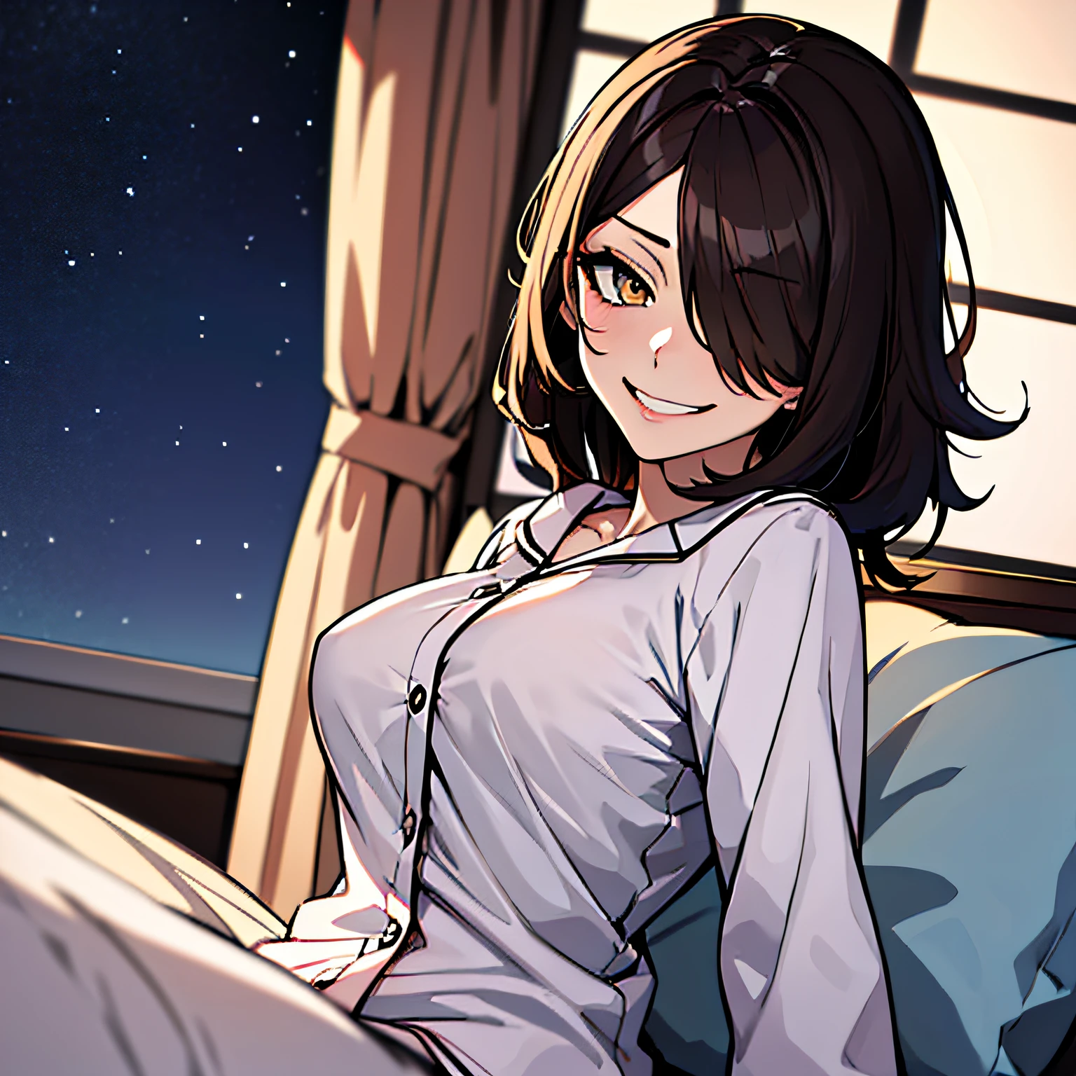 (absurdres, 8k, 4k, masterpiece, hyper extreme detailed:1.2), solo, 1girl, front view, portrait, best quality, expressive eyes, perfect face, 1girl, portrait, solo, standing, Female, toned body, mature female, medium breasts, pale, hair covering one eye, dark brown hair, medium hair, eyepatch, sarcastic, snarky, soldier, adult, hazel eyes, delinquent, sarcastic, smirk, crazy eyes, messy hair, swept bangs, half body, perfect anatomy, front view, leaning back, leaning back, night time, night sky window, bed room, in bed, sitting on bed, sleepwear, gradients in hair, grabbing viewer, sleep shirt, pajamas, pillows, blankets, bed