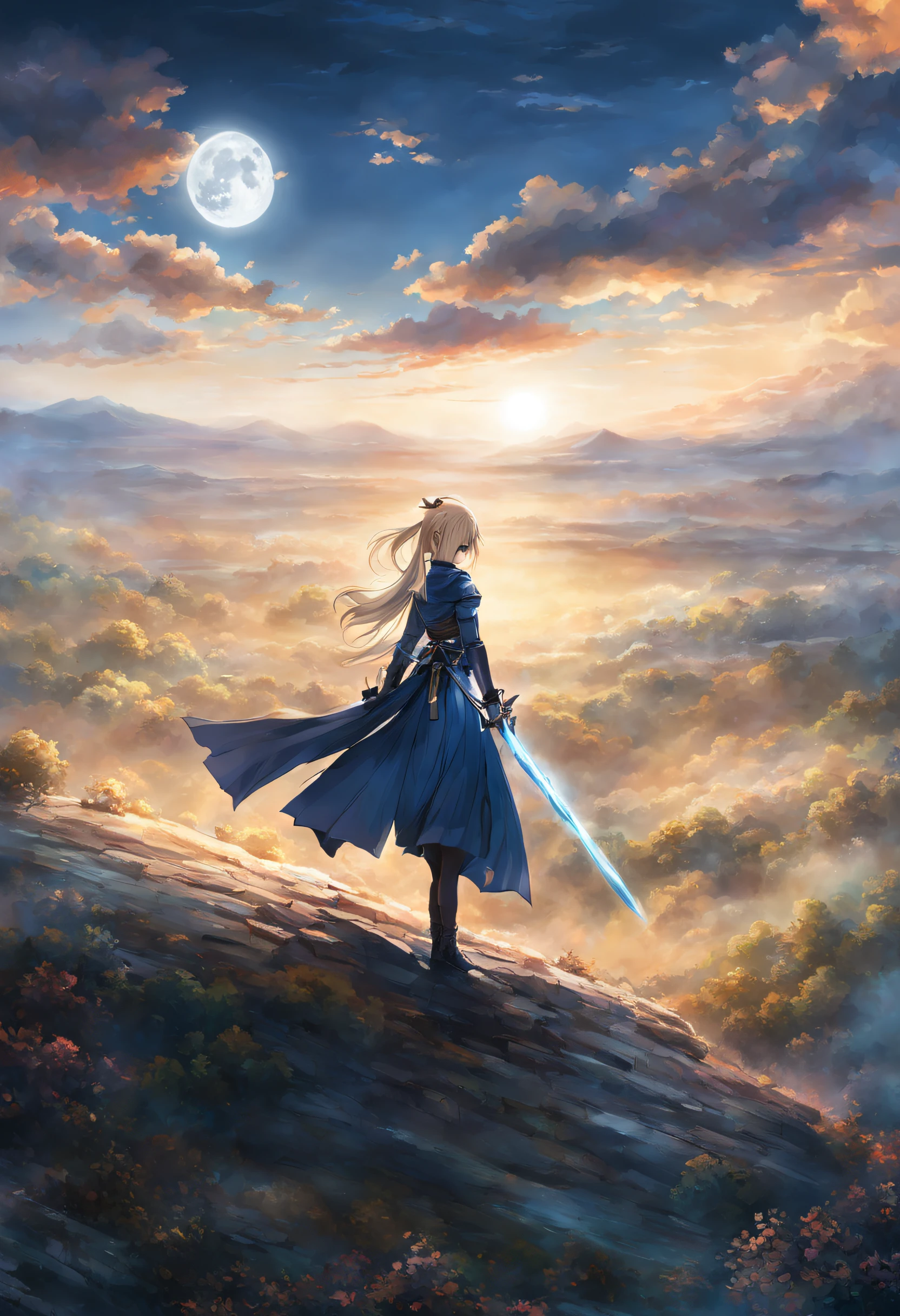 high quality, beautiful female saber, Fantastic, Feels like a ufotable, unique barrier, covered in fog, In the enchanting scene inspired by Fate/stay night: Unlimited Blade Works, envision a surreal landscape atop a hill , creating a mesmerizing and otherworldly ambiance, The moonlit sky bathes the hill in a soft glow, casting shadows that dance among the blades, reflecting the spirits of legendary heroes, The air is charged with magical energy, giving life to the ethereal display, The juxtaposition of the celestial glow and the cold steel creates a captivating scene, inviting viewers into a realm where the boundaries between reality and fantasy blur, by yukisakura, awesome full color,