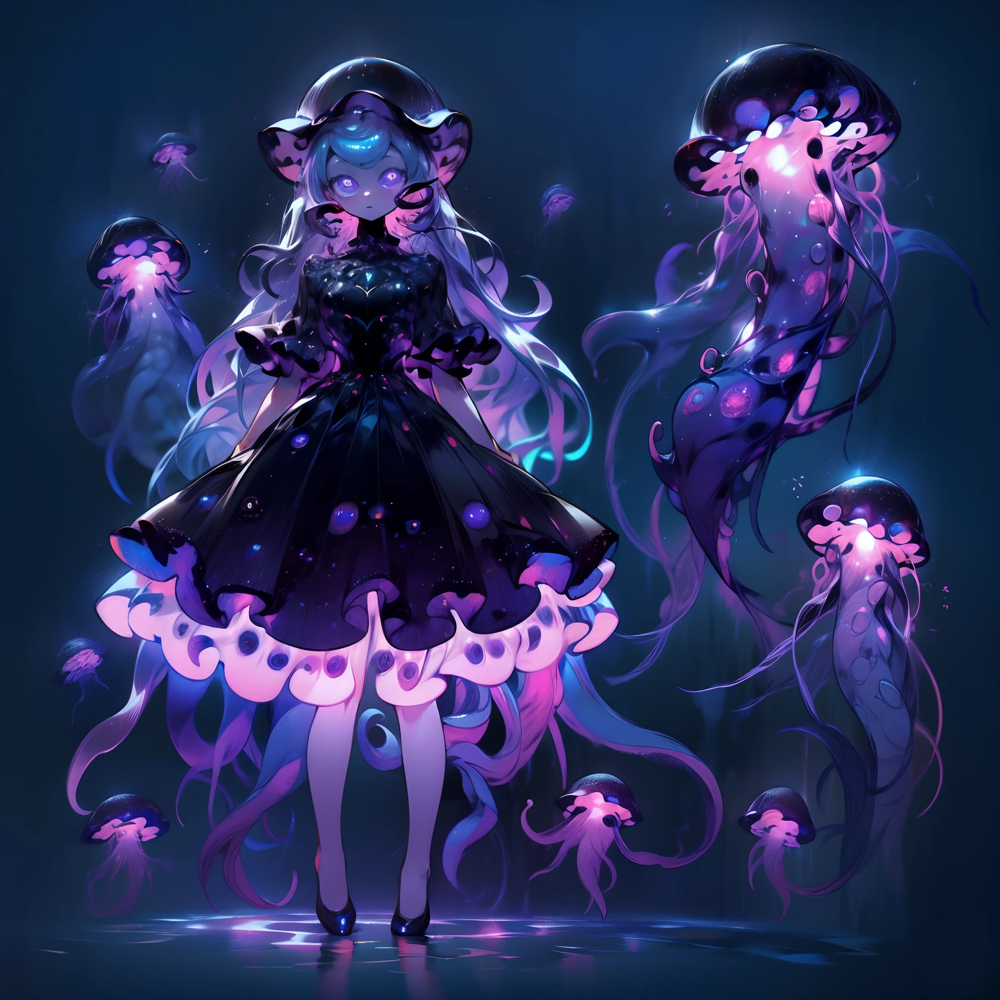 A girl wearing a jellyfish dress. A black jellyfish and a purple glow. Black tentacles lined with purple luminescent bodies. Deep sea.