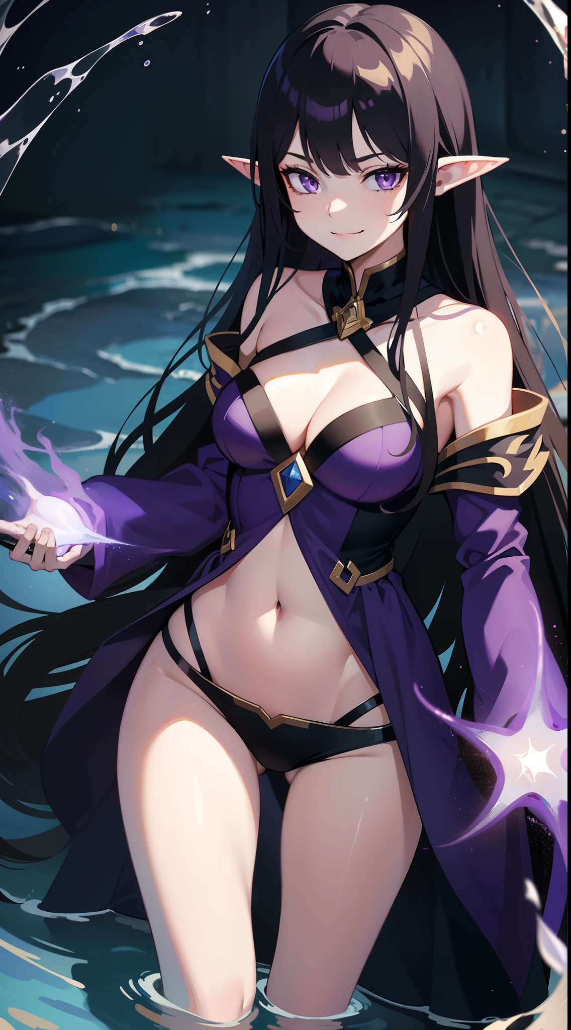 Young girl, Long black hair, violet eyes, elf ears, smirk, Purple Sorcerer Form, Gold Elements, water magic, Masterpiece, hiquality, 4k, HD, Good detail