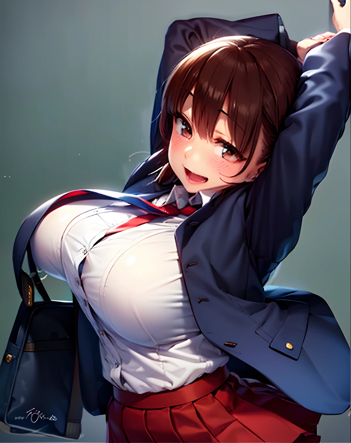 Navy jacket,white shirt,red necktie,Blue Bag,a blue skirt,Brown hair,Ecstatic face,Embarrassment,large full breasts,Chalkboard background,