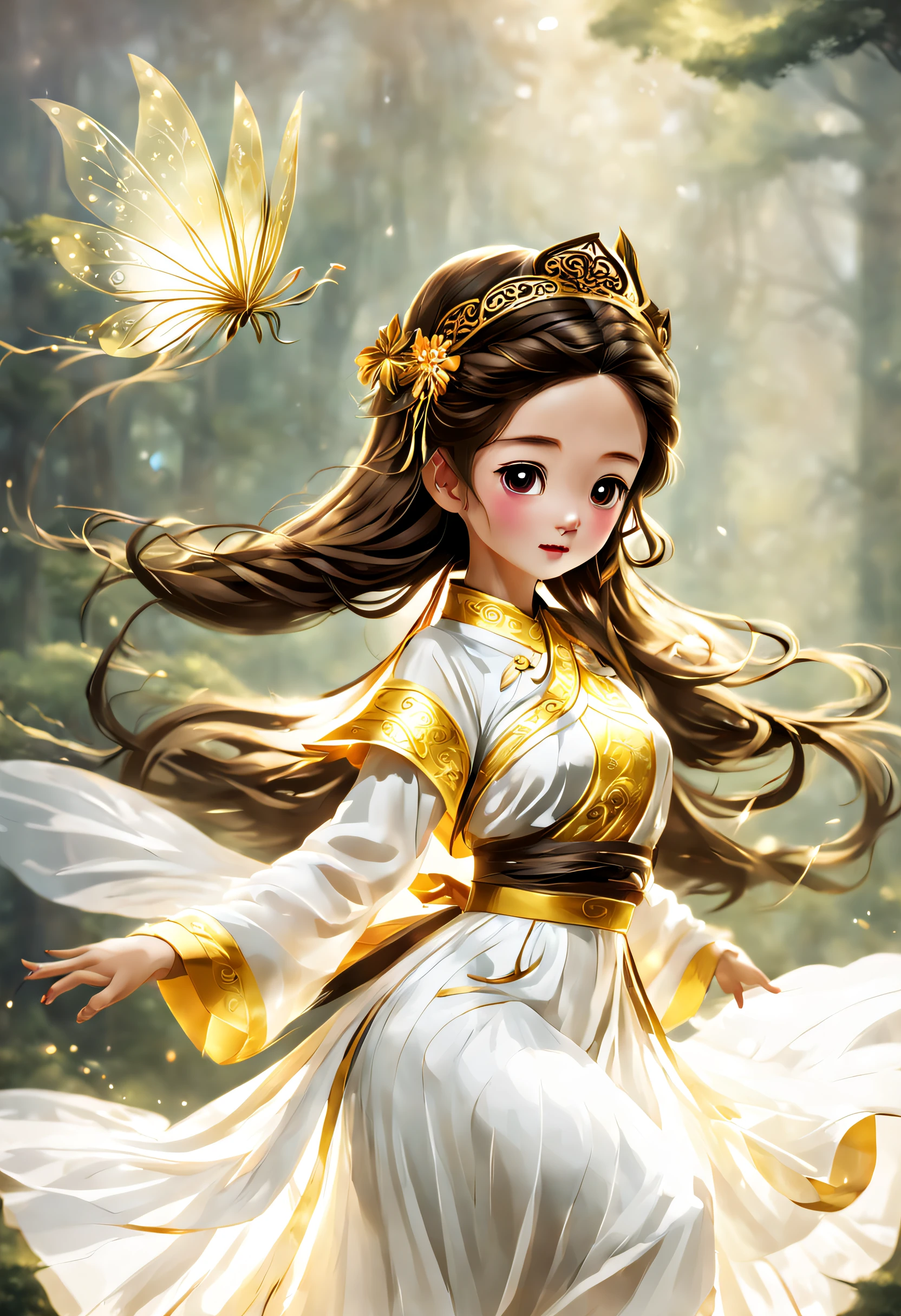 An older sister in a white costume skirt，Long dark brown hair，A golden hairpin on the head，Fairy air fluttering，Gentle big sister，Chinese ancient style